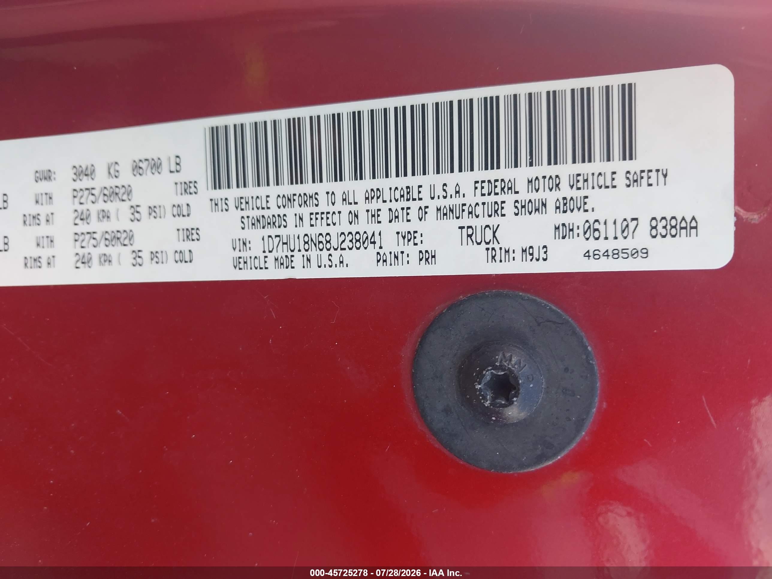 2008 Dodge Ram 1500 Slt Red vin: 1D7HU18N68J238041