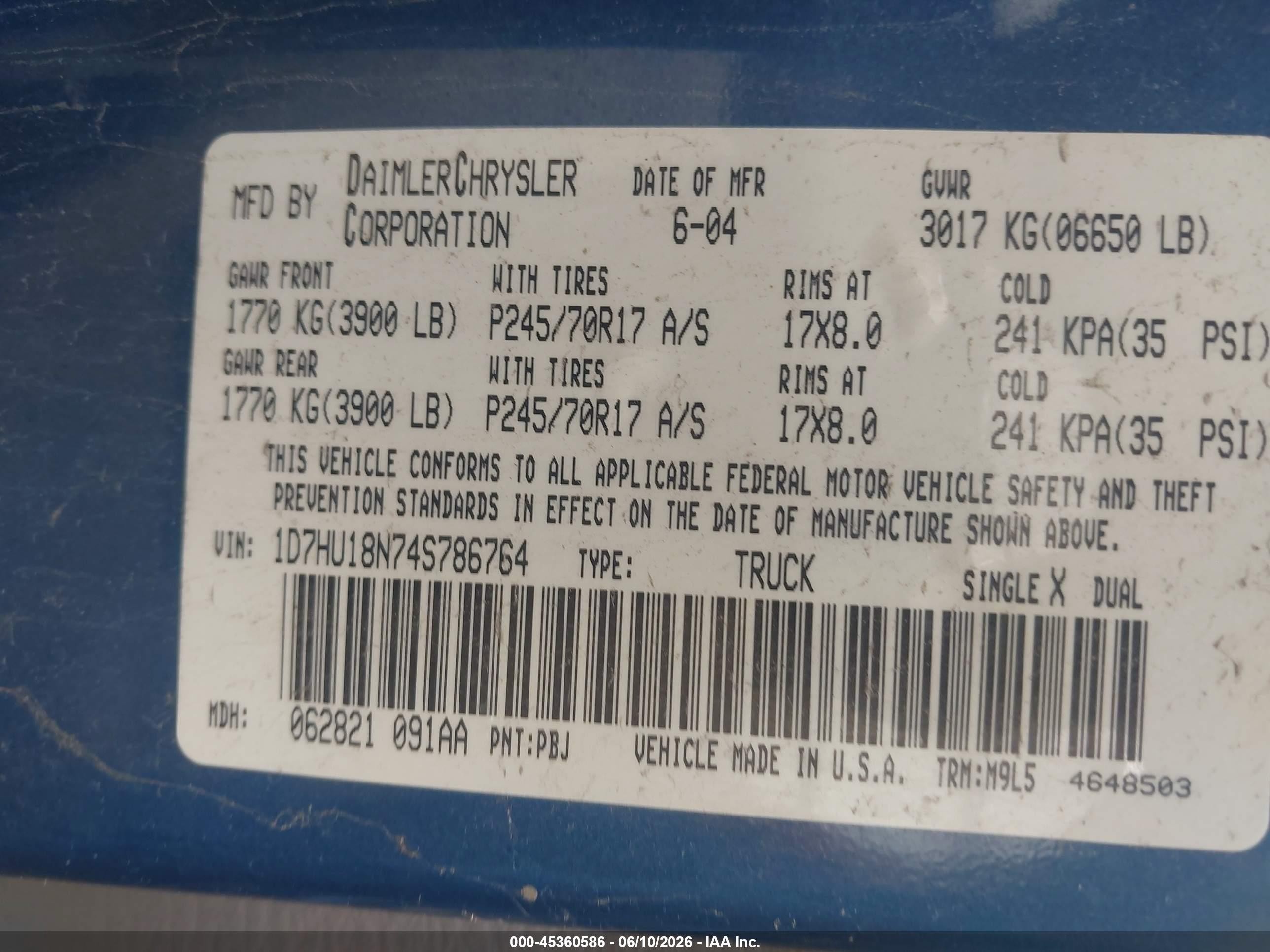 2004 Dodge Ram 1500 Slt/laramie Blue vin: 1D7HU18N74S786764