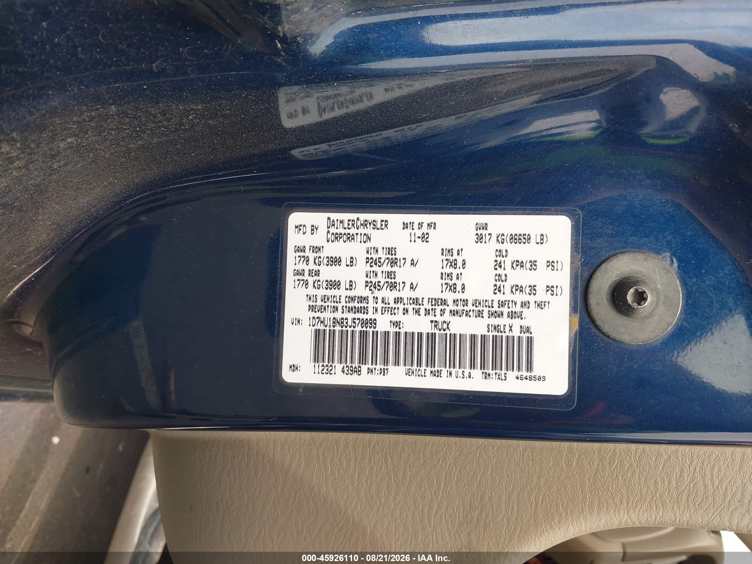 2003 Dodge Ram 1500 Slt/laramie/st Blue vin: 1D7HU18N83J570099