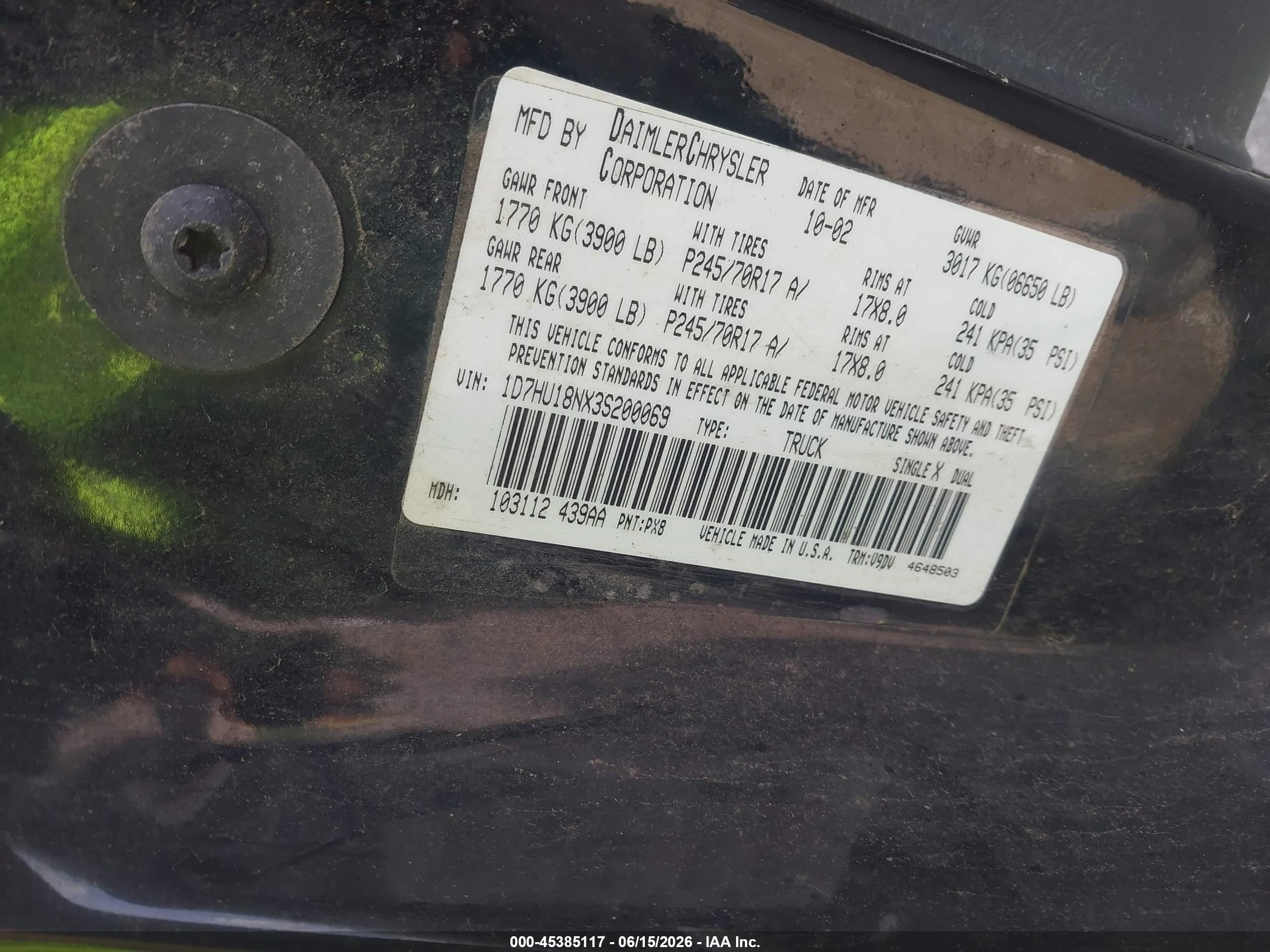 2003 Dodge Ram 1500 Slt/laramie/st Black vin: 1D7HU18NX3S200069