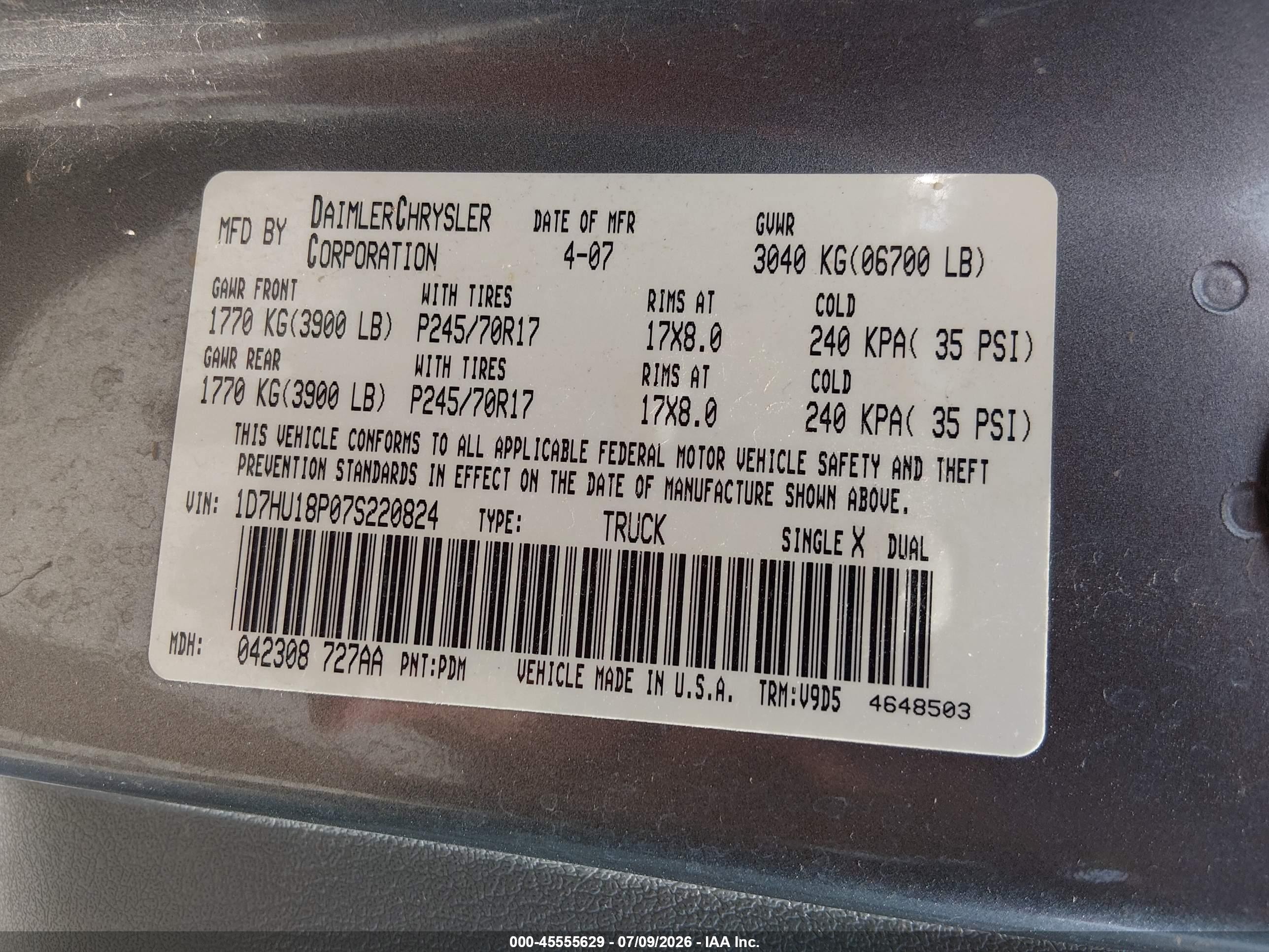 2007 Dodge Ram 1500 Slt/trx4 Off Road/sport Gray vin: 1D7HU18P07S220824