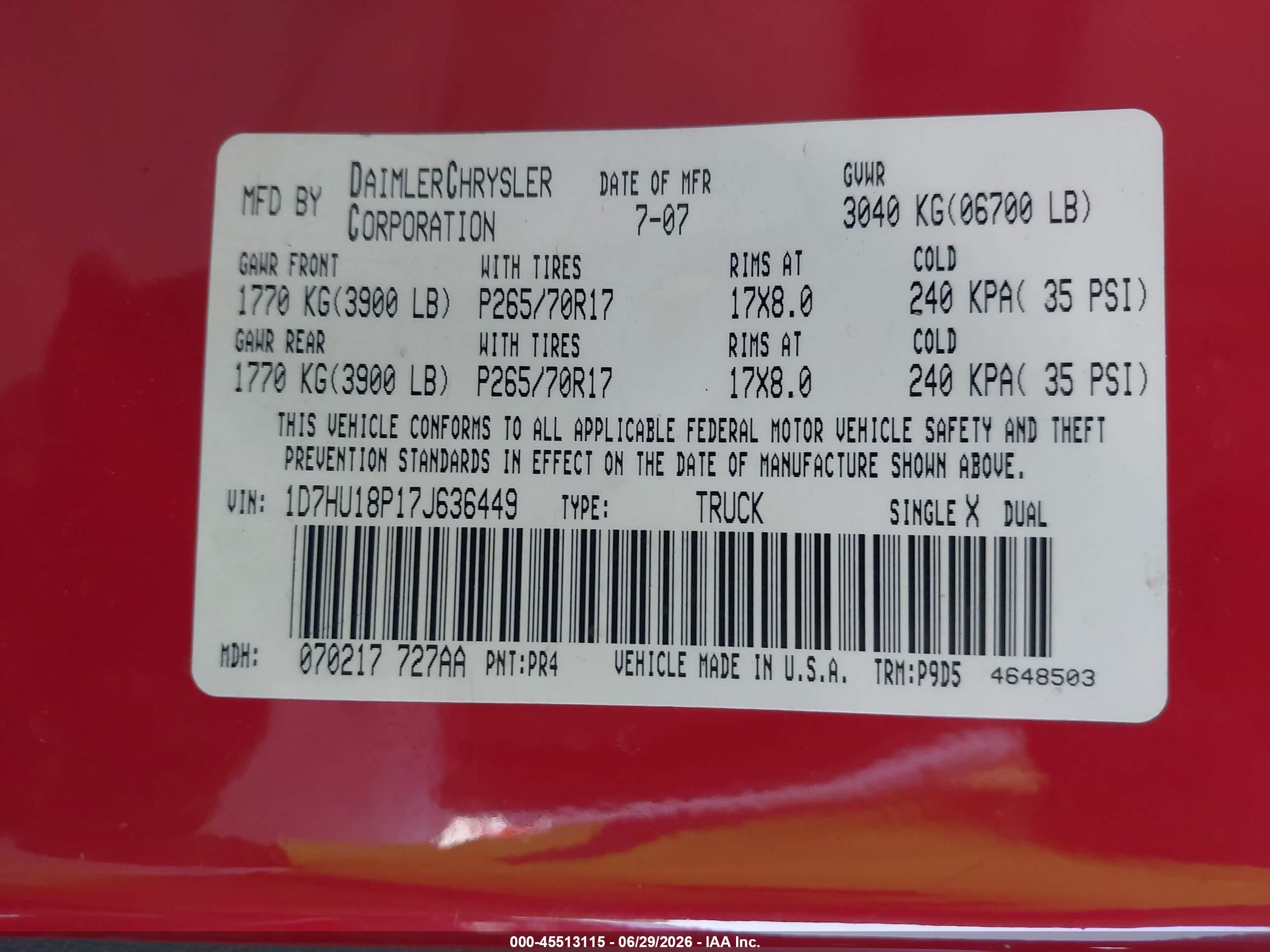 2007 Dodge Ram 1500 St Red vin: 1D7HU18P17J636449