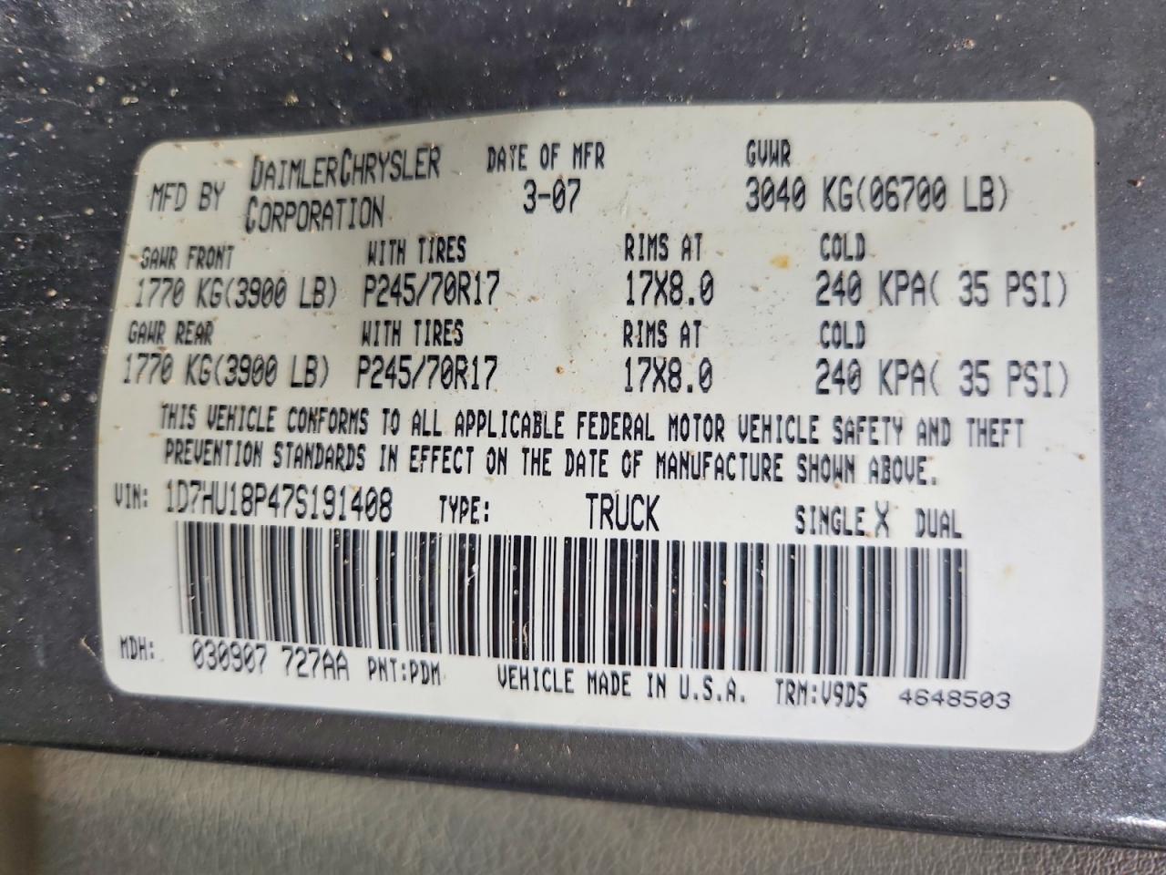 2007 Dodge Ram 1500 St Gray vin: 1D7HU18P47S191408