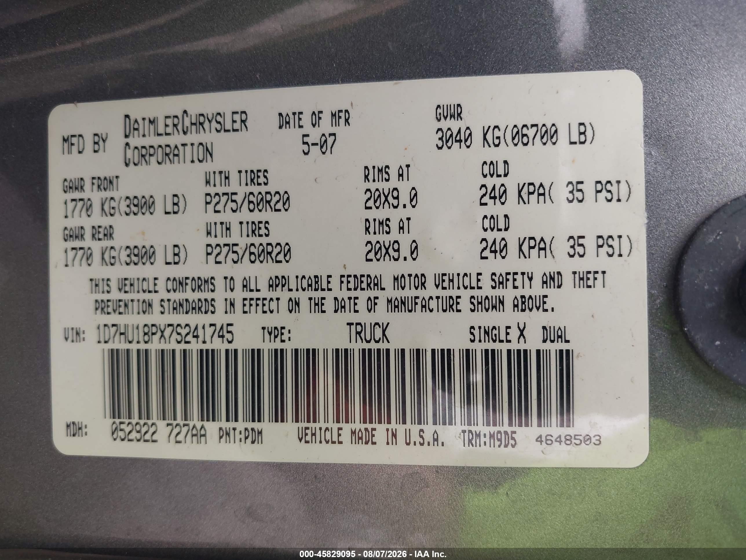 2007 Dodge Ram 1500 St/slt Gray vin: 1D7HU18PX7S241745
