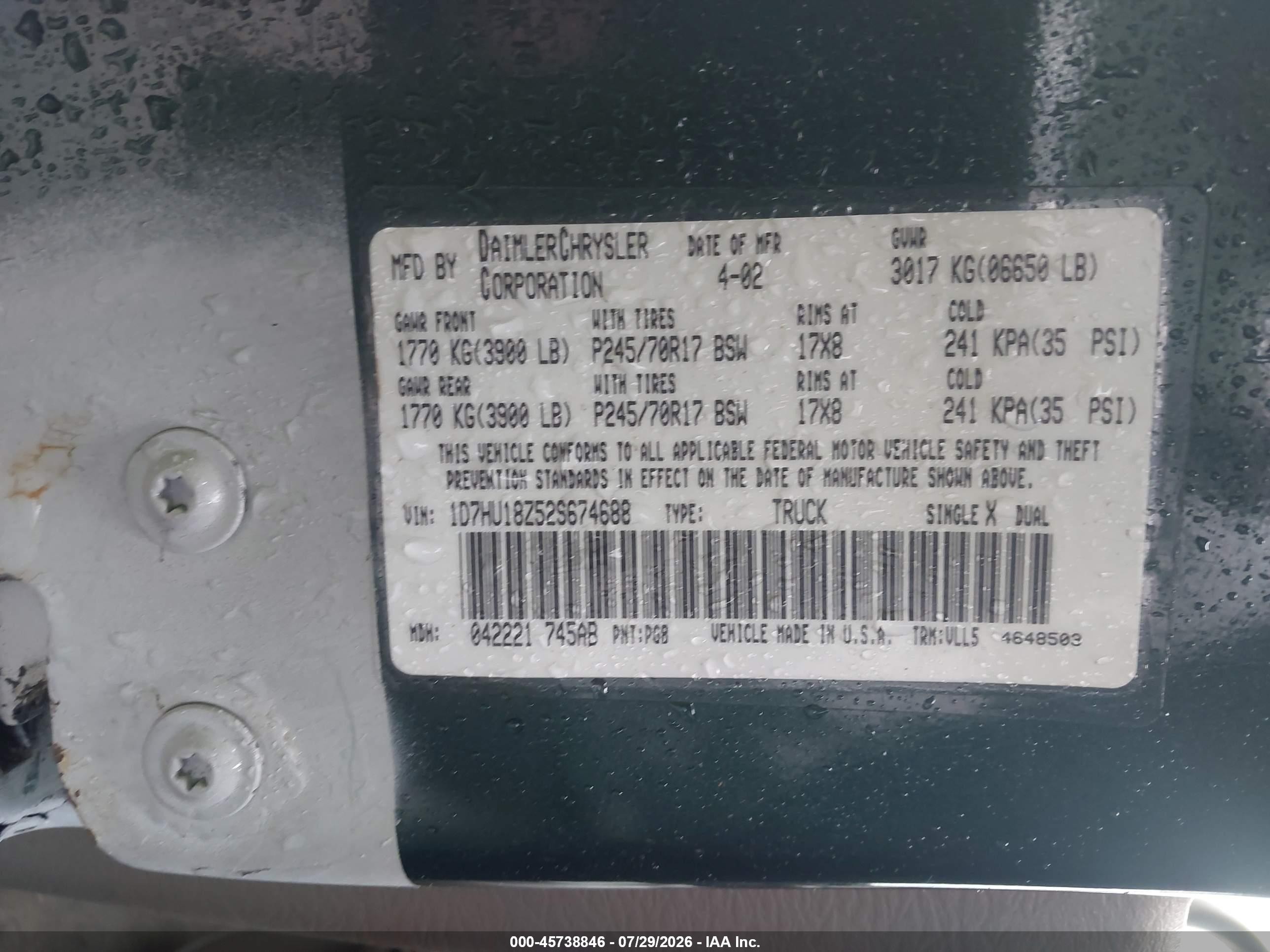 2002 Dodge Ram 1500 St Green vin: 1D7HU18Z52S674688