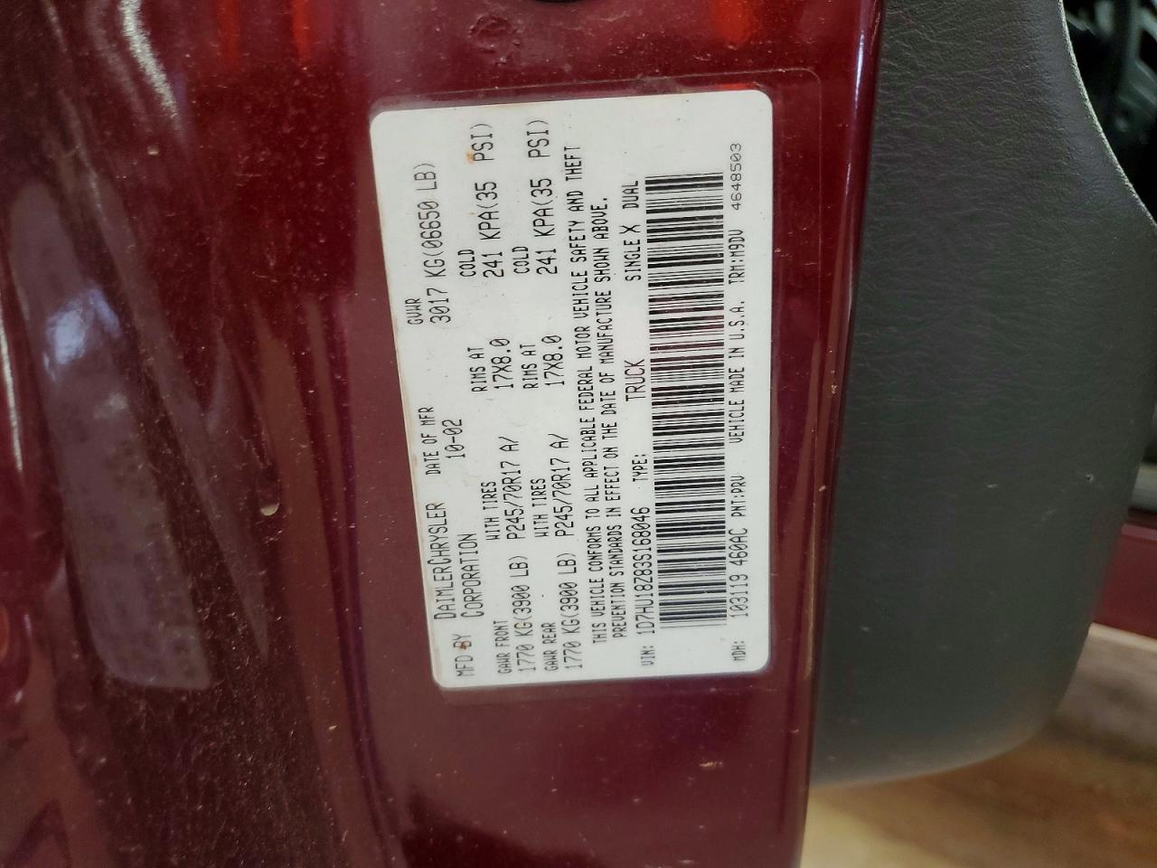 2003 Dodge Ram 1500 St Burgundy vin: 1D7HU18Z83S168046