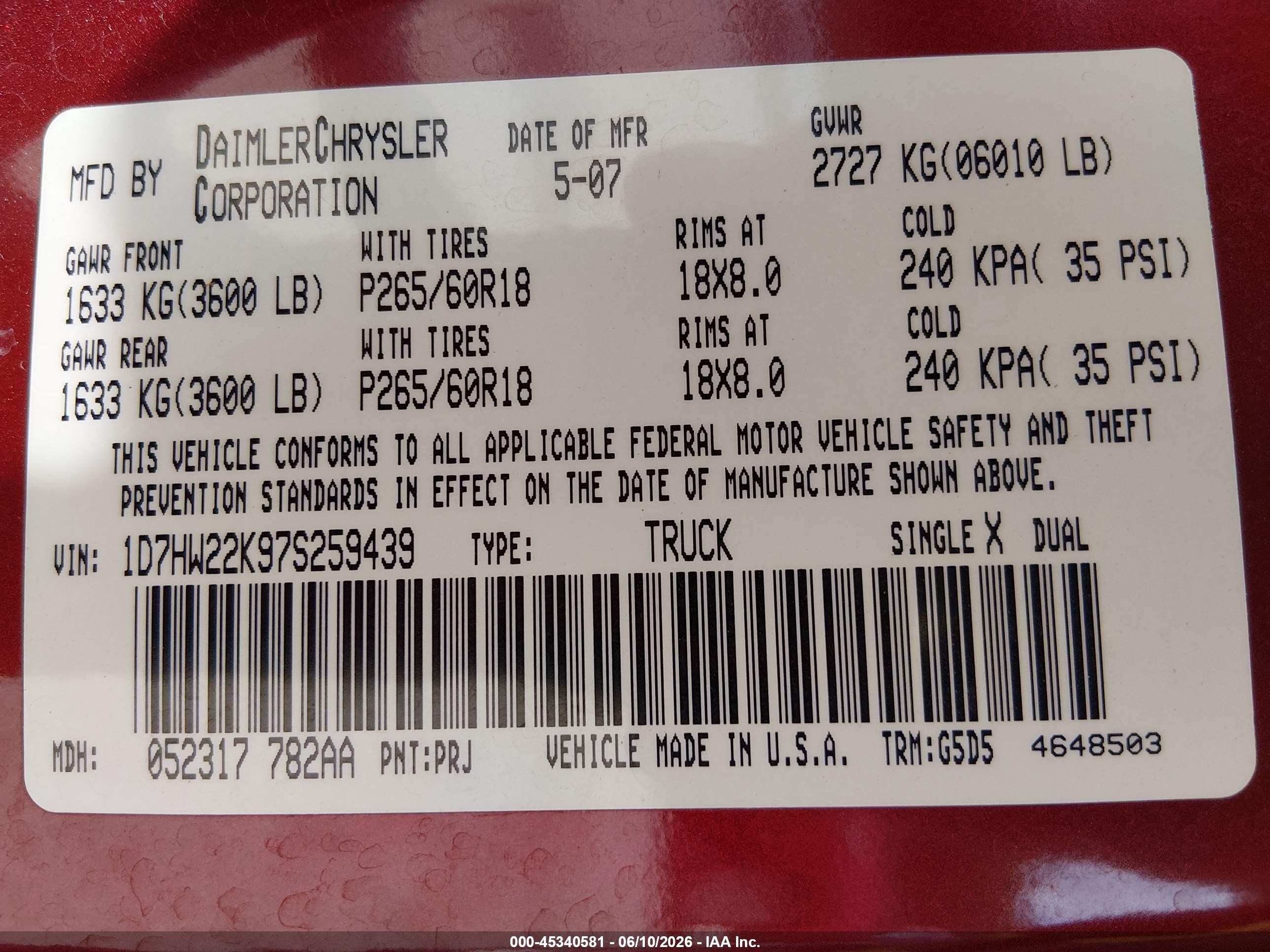 2007 Dodge Dakota St Red vin: 1D7HW22K97S259439