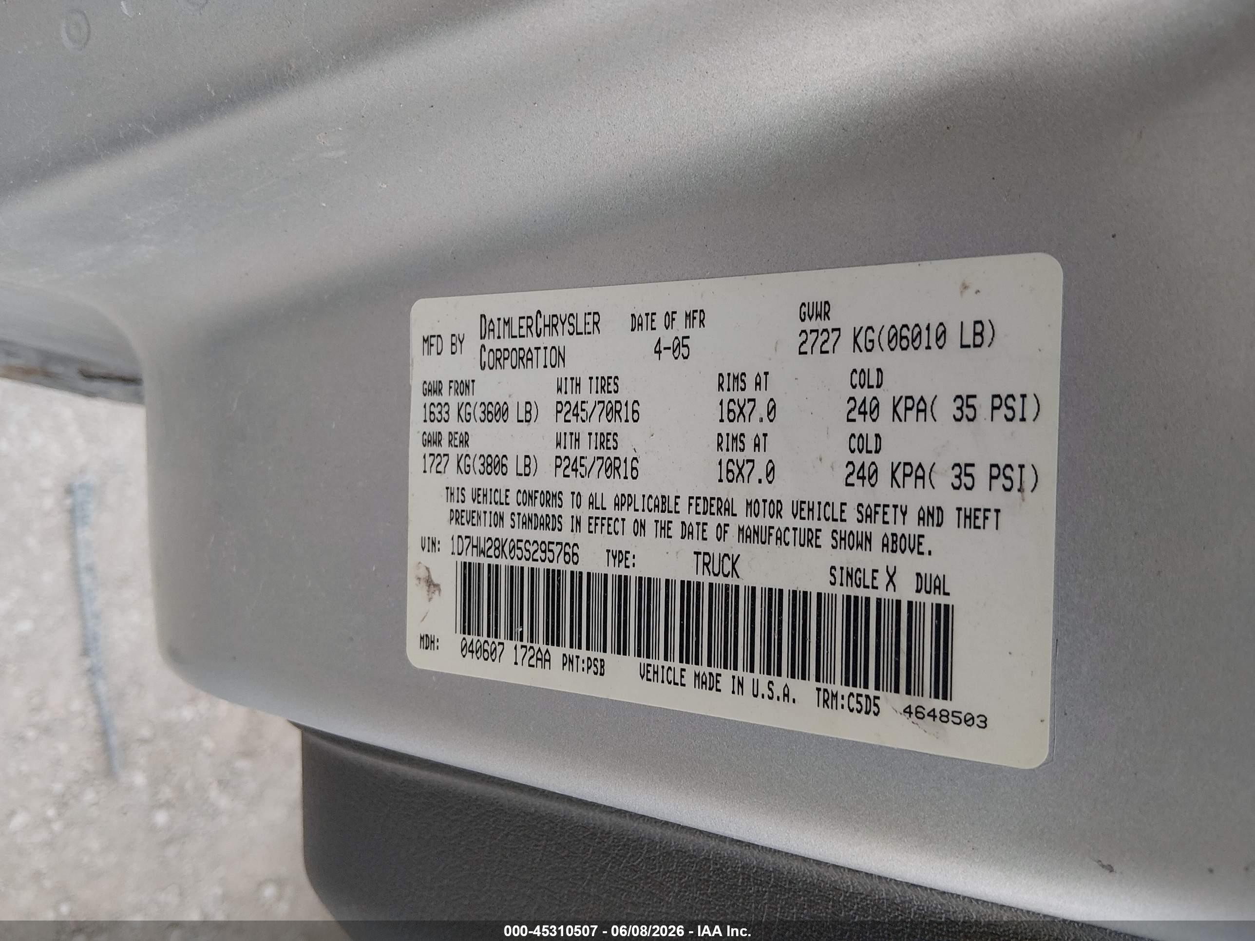 2005 Dodge Dakota St Silver vin: 1D7HW28K05S295766