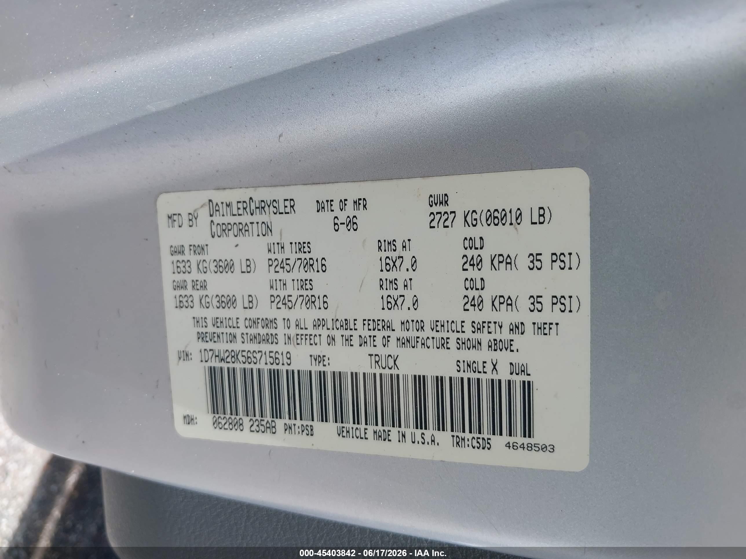 2006 Dodge Dakota St Silver vin: 1D7HW28K56S715619