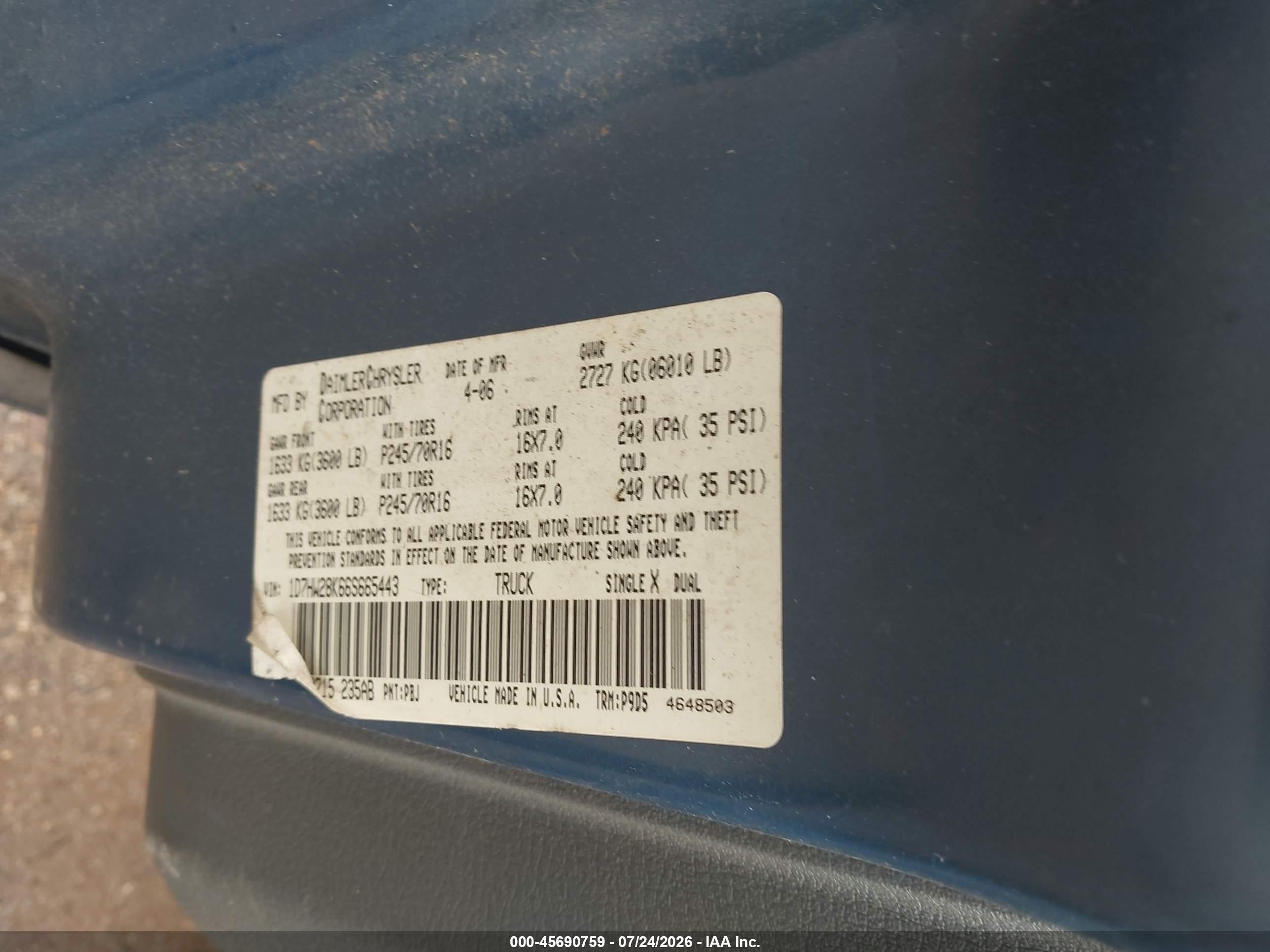 2006 Dodge Dakota St Blue vin: 1D7HW28K66S665443