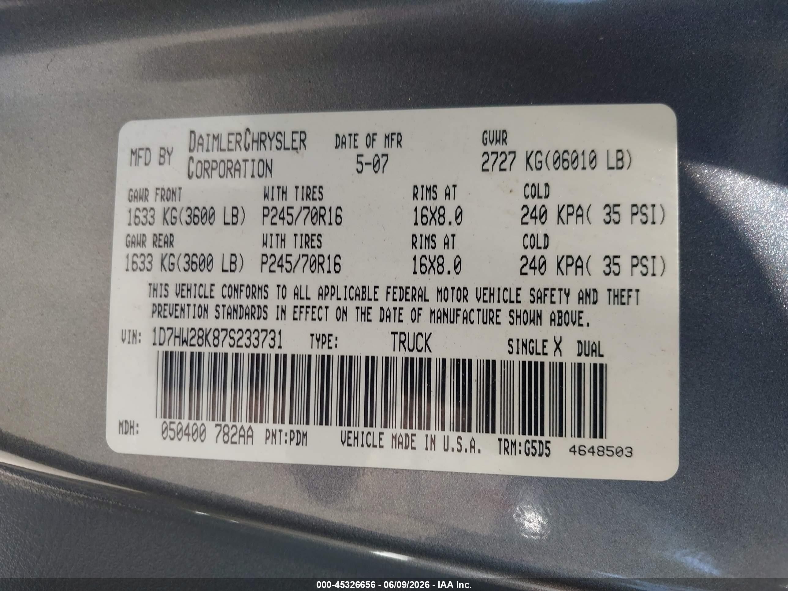 2007 Dodge Dakota St Gray vin: 1D7HW28K87S233731
