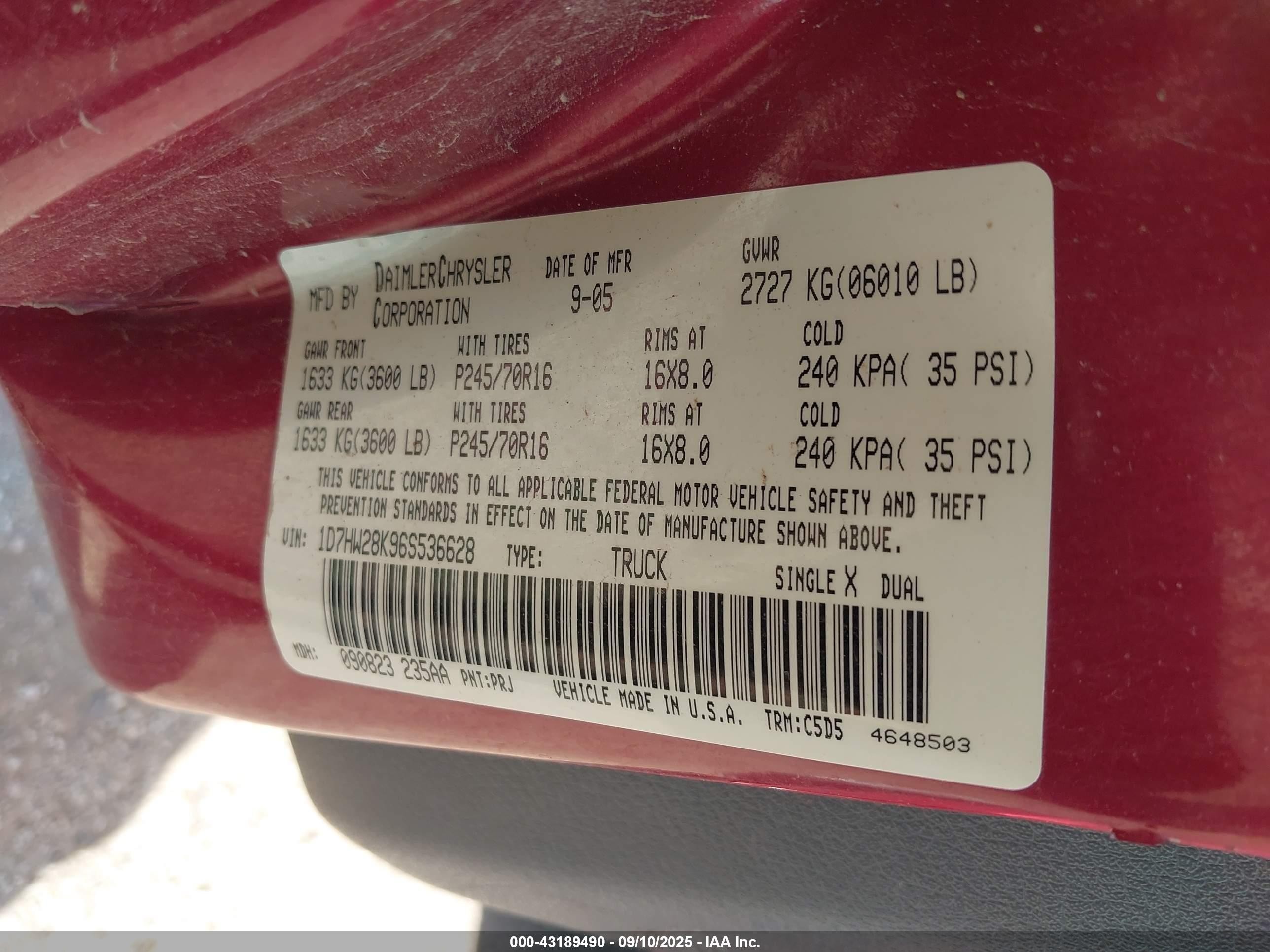 2006 Dodge Dakota St Red vin: 1D7HW28K96S536628