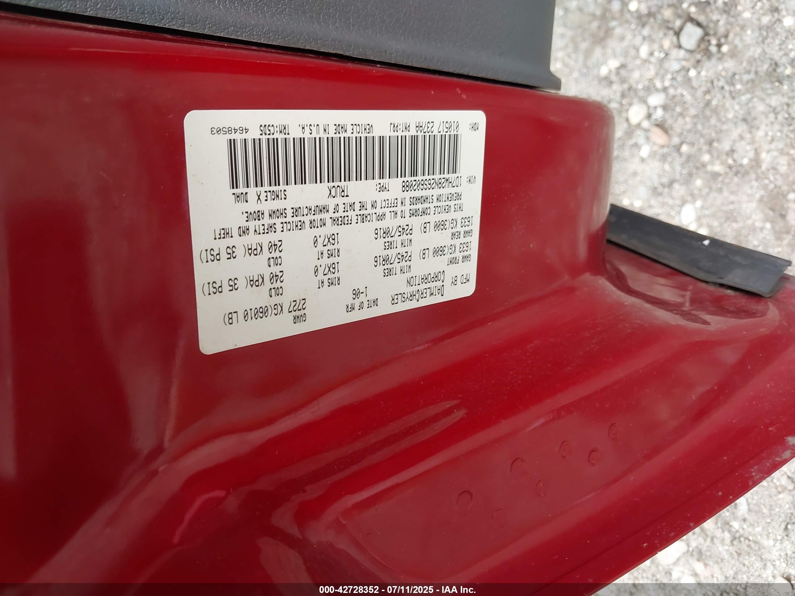 2006 Dodge Dakota St Red vin: 1D7HW28N26S602088