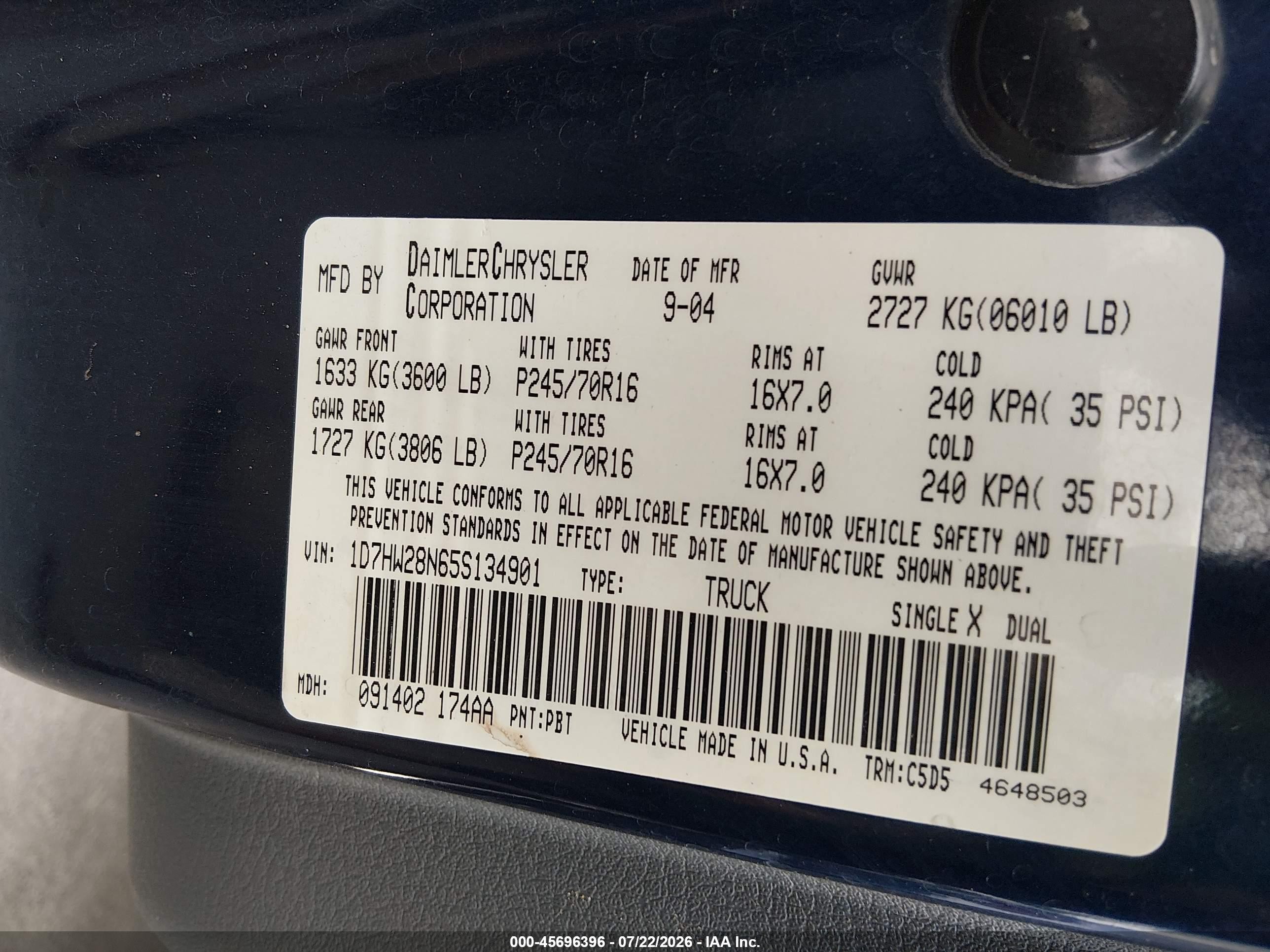 2005 Dodge Dakota St Blue vin: 1D7HW28N65S134901