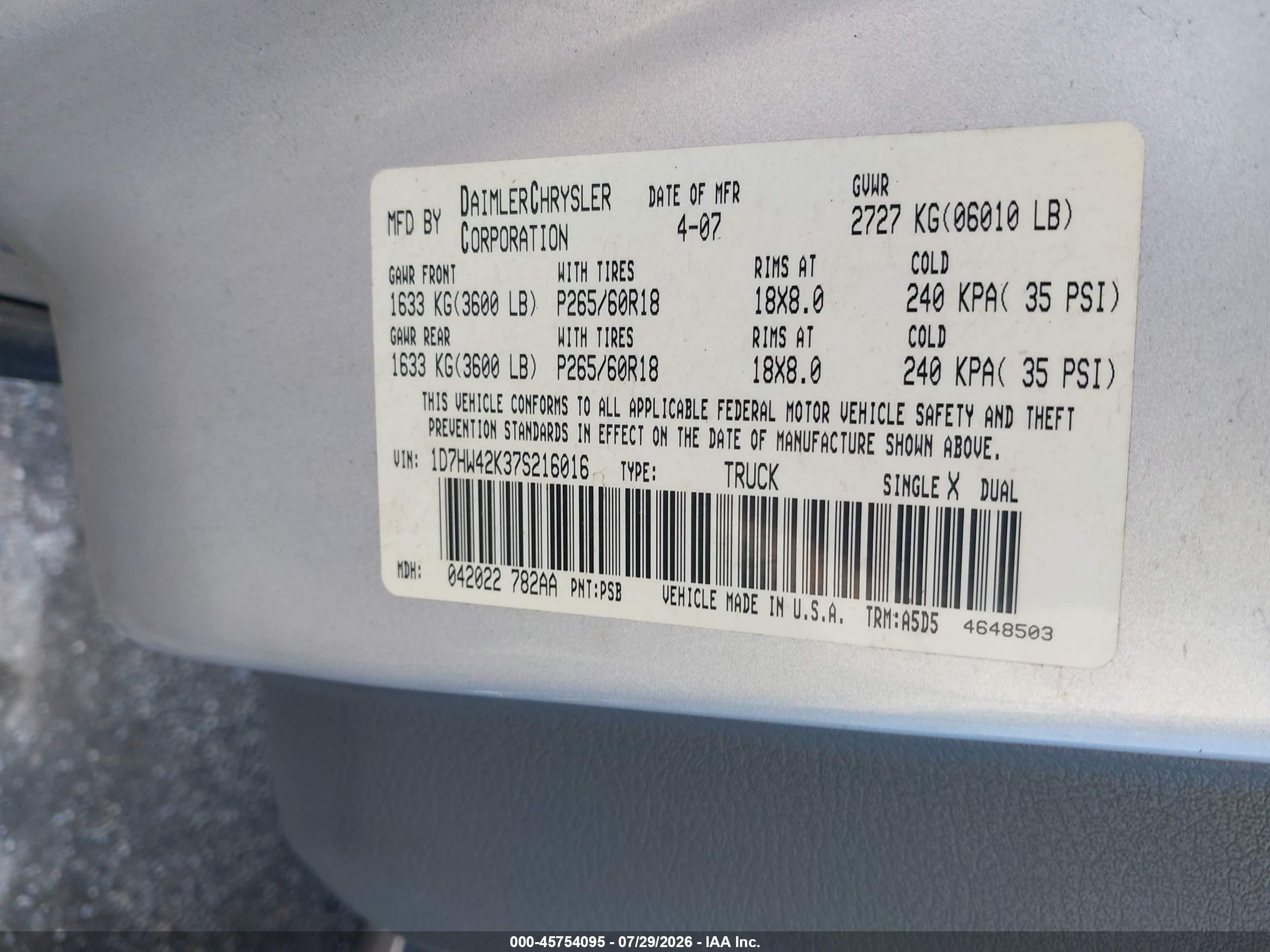 2007 Dodge Dakota Slt Silver vin: 1D7HW42K37S216016