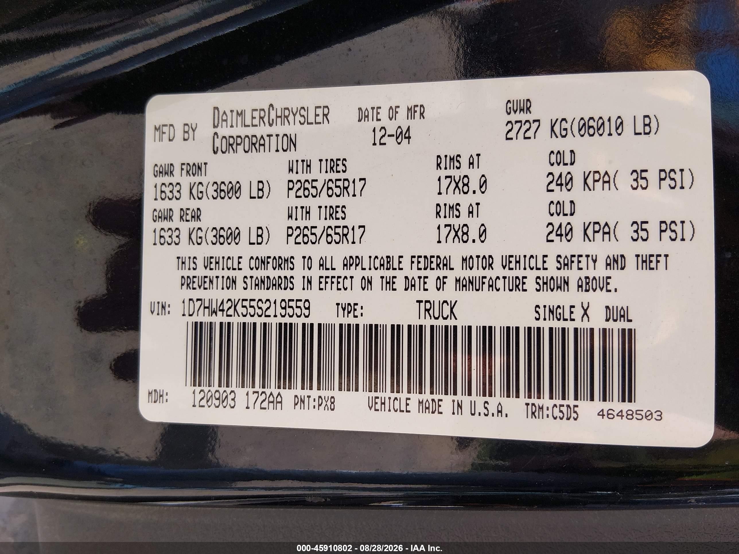 2005 Dodge Dakota Slt Black vin: 1D7HW42K55S219559