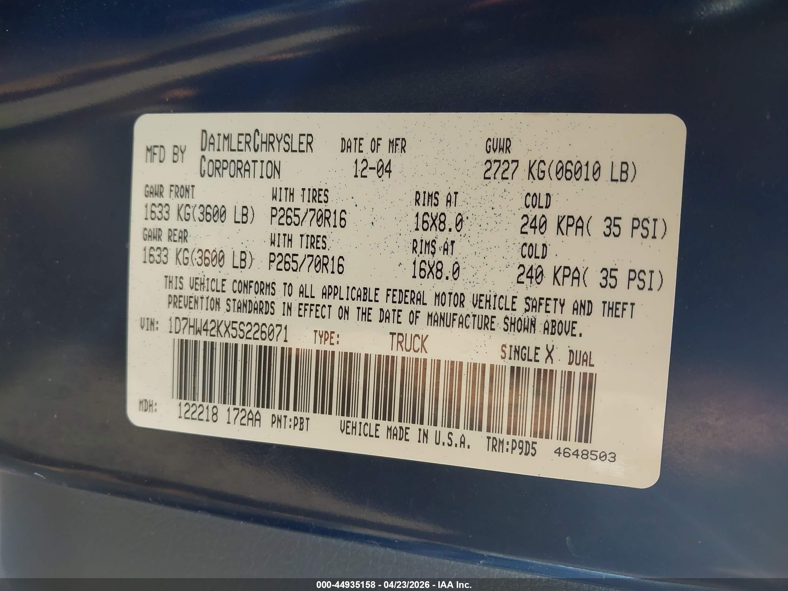 2005 Dodge Dakota Slt Blue vin: 1D7HW42KX5S226071