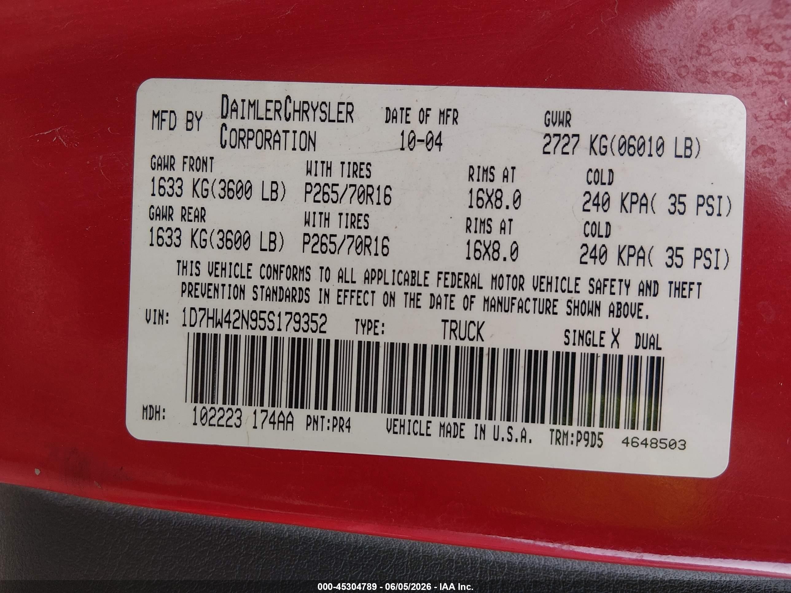 2005 Dodge Dakota Slt Red vin: 1D7HW42N95S179352