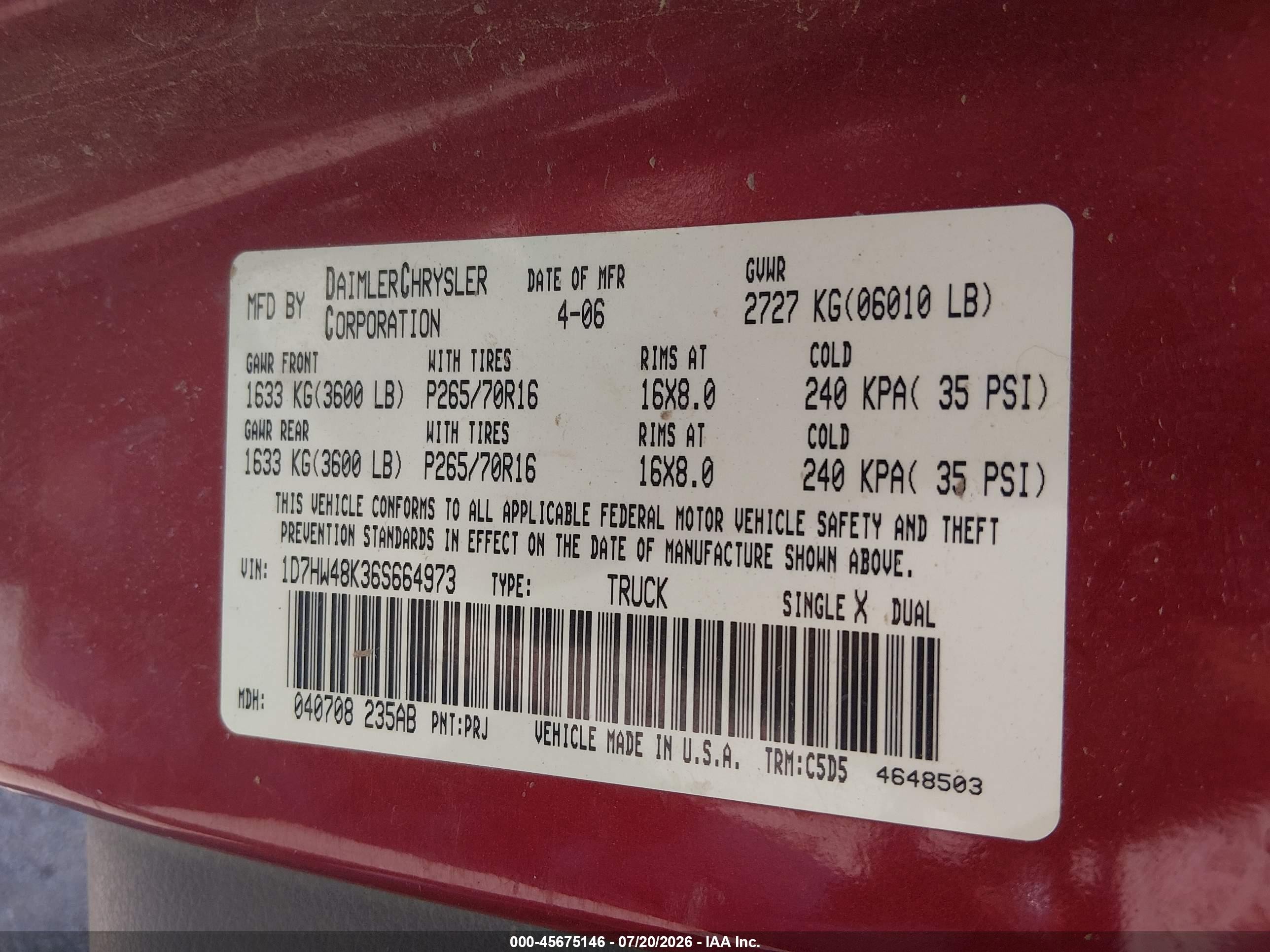 2006 Dodge Dakota Slt Red vin: 1D7HW48K36S664973
