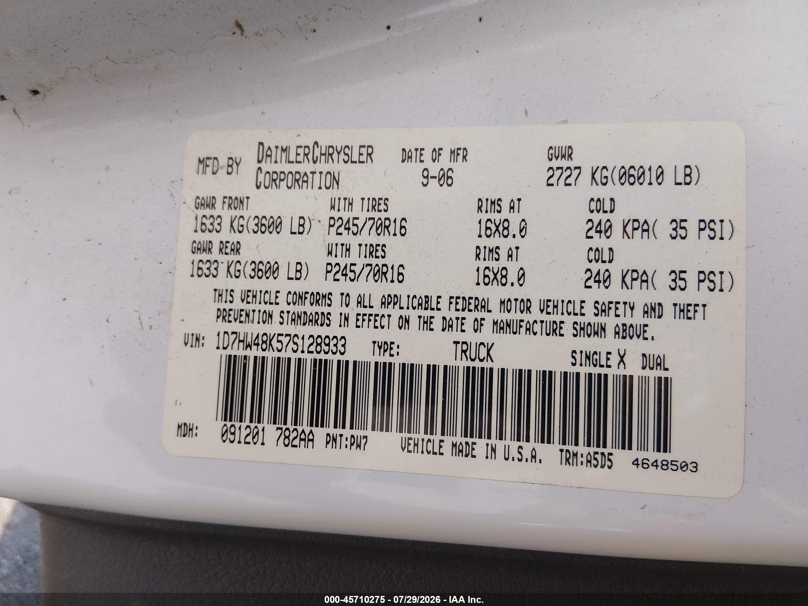2007 Dodge Dakota Slt White vin: 1D7HW48K57S128933