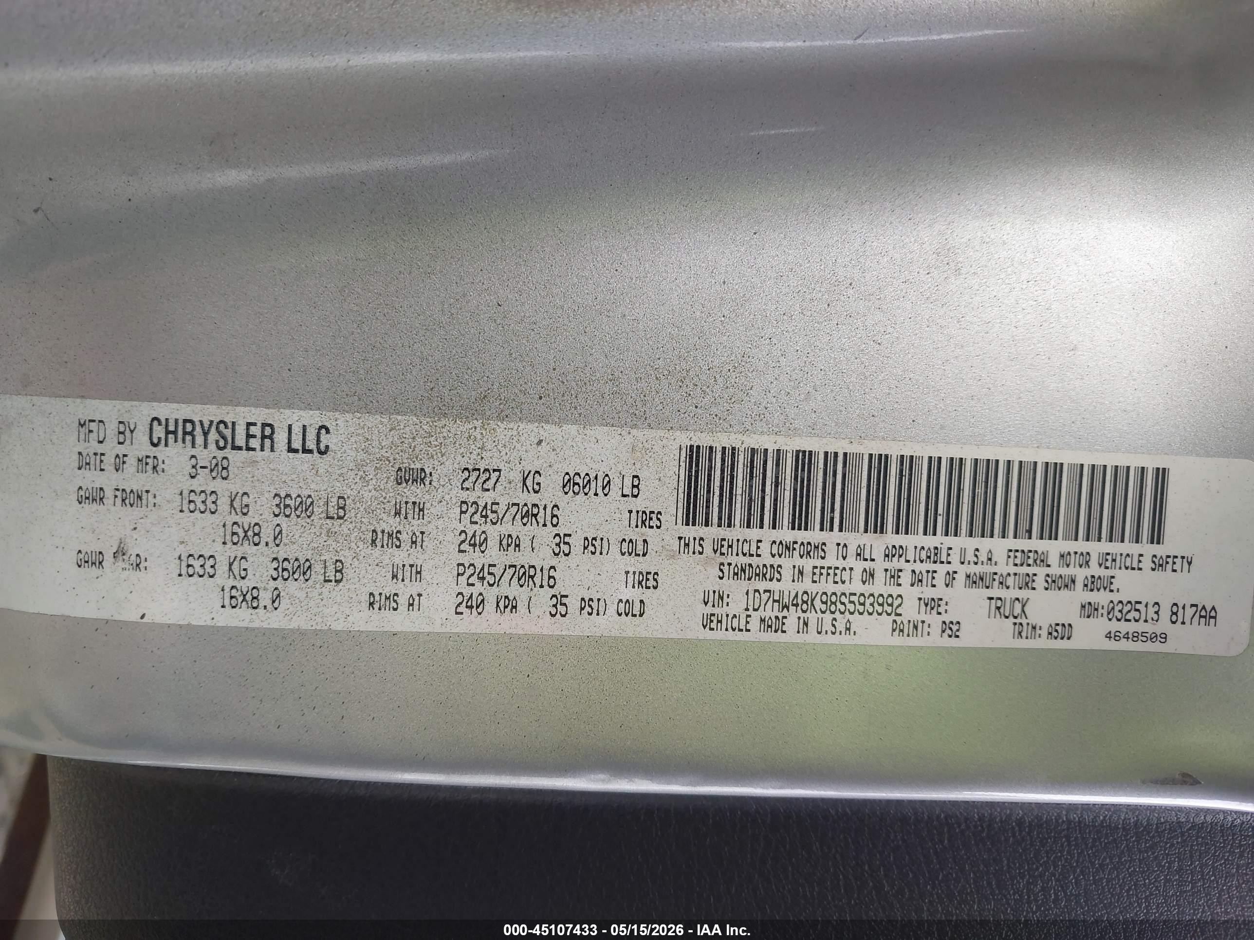 2008 Dodge Dakota Slt Silver vin: 1D7HW48K98S593992