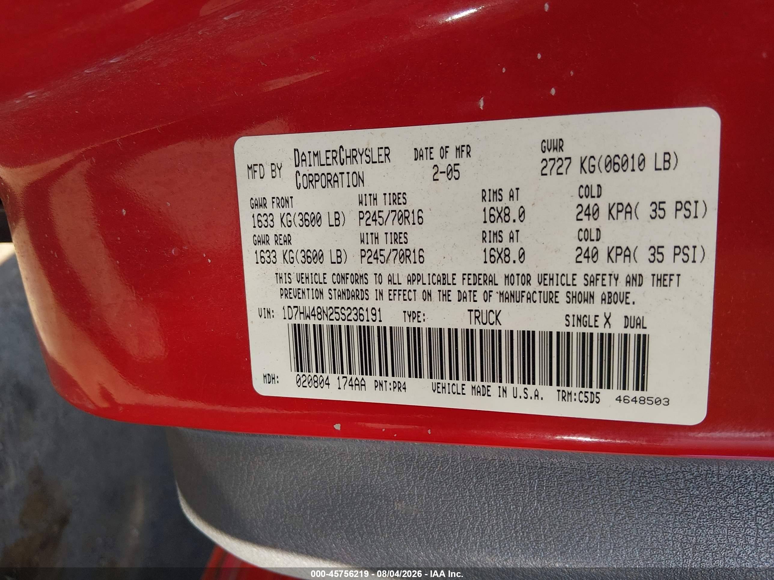 2005 Dodge Dakota Slt Red vin: 1D7HW48N25S236191