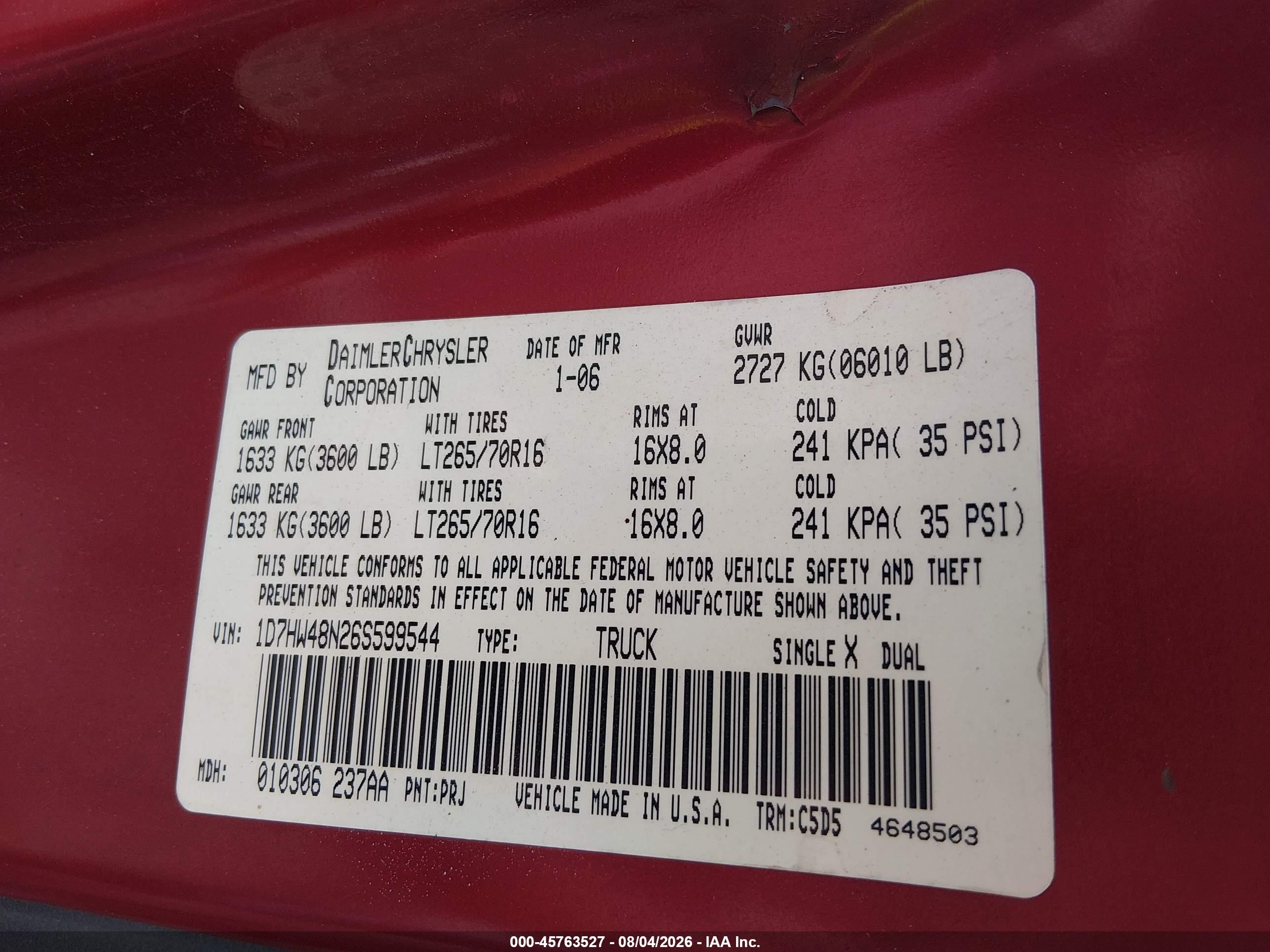 2006 Dodge Dakota Slt Red vin: 1D7HW48N26S599544