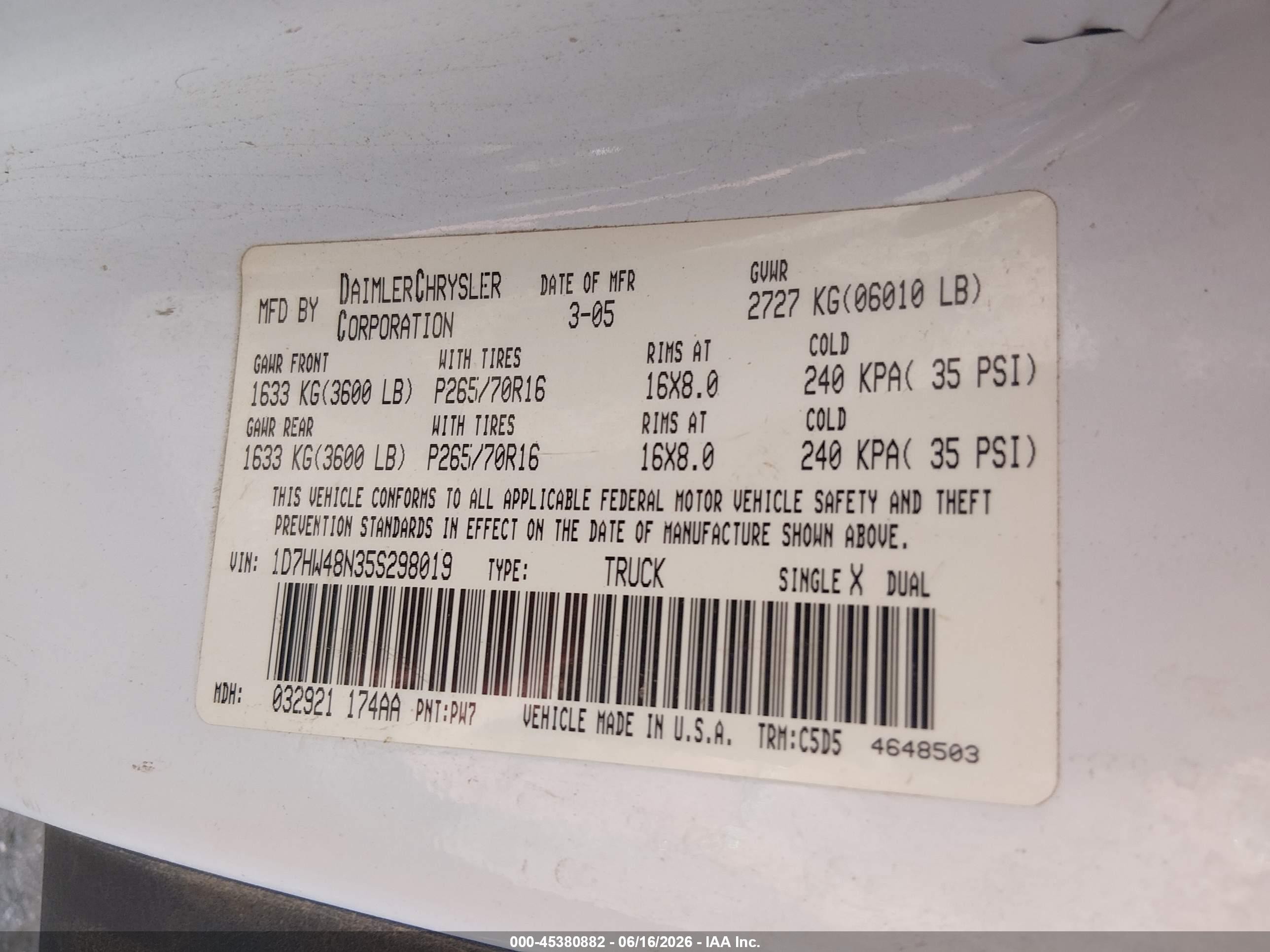 2005 Dodge Dakota Slt White vin: 1D7HW48N35S298019