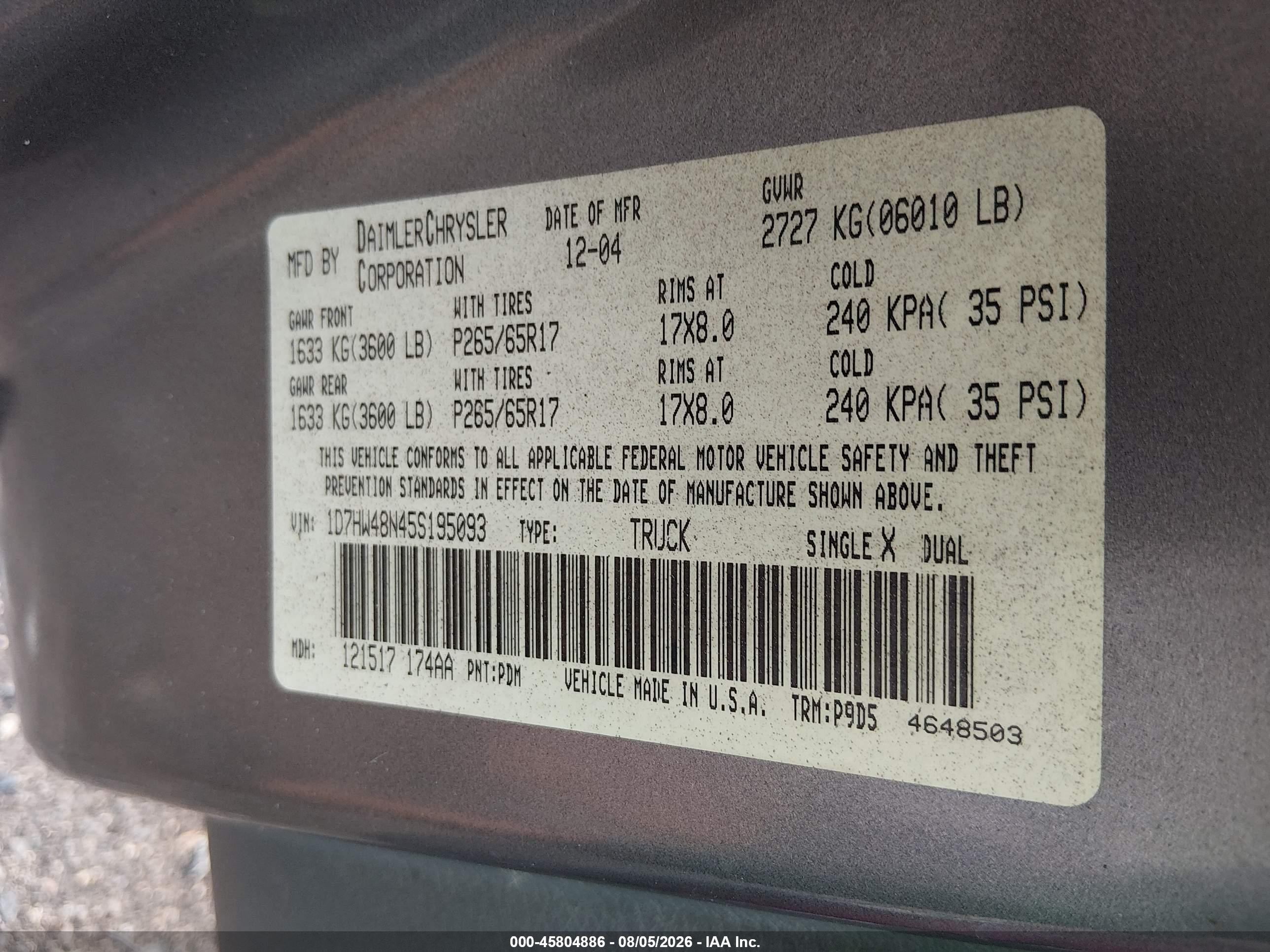 2005 Dodge Dakota Slt Red vin: 1D7HW48N45S195093