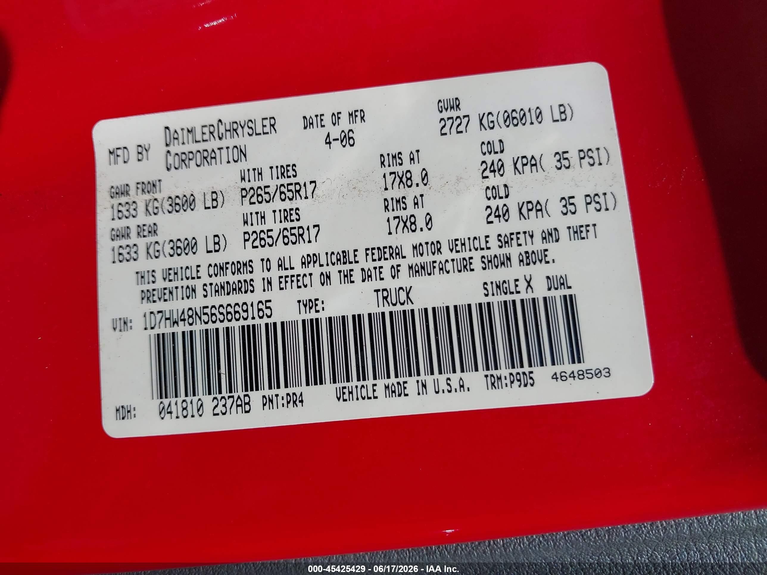 2006 Dodge Dakota Slt Red vin: 1D7HW48N56S669165