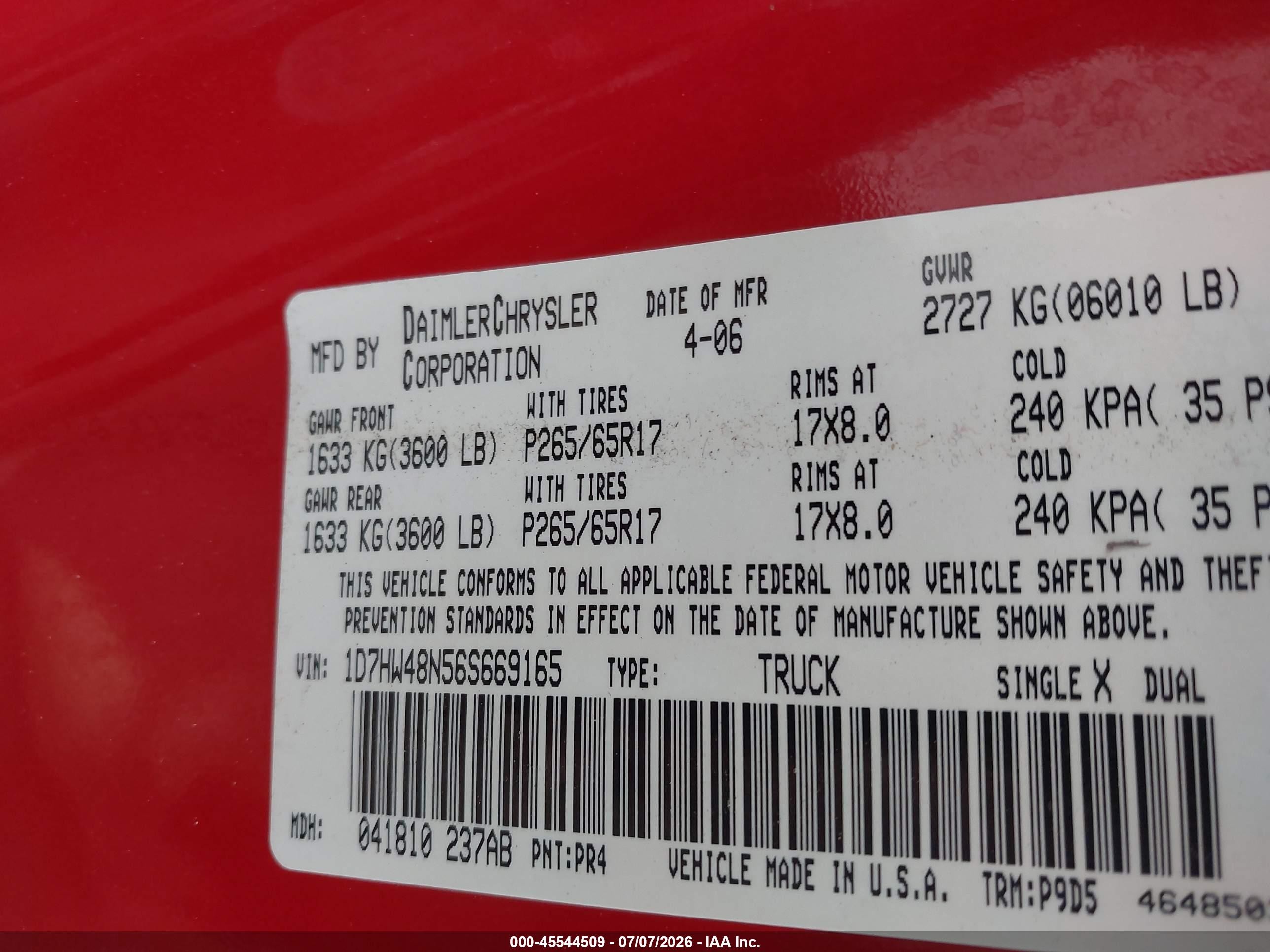 2006 Dodge Dakota Slt Red vin: 1D7HW48N56S669165