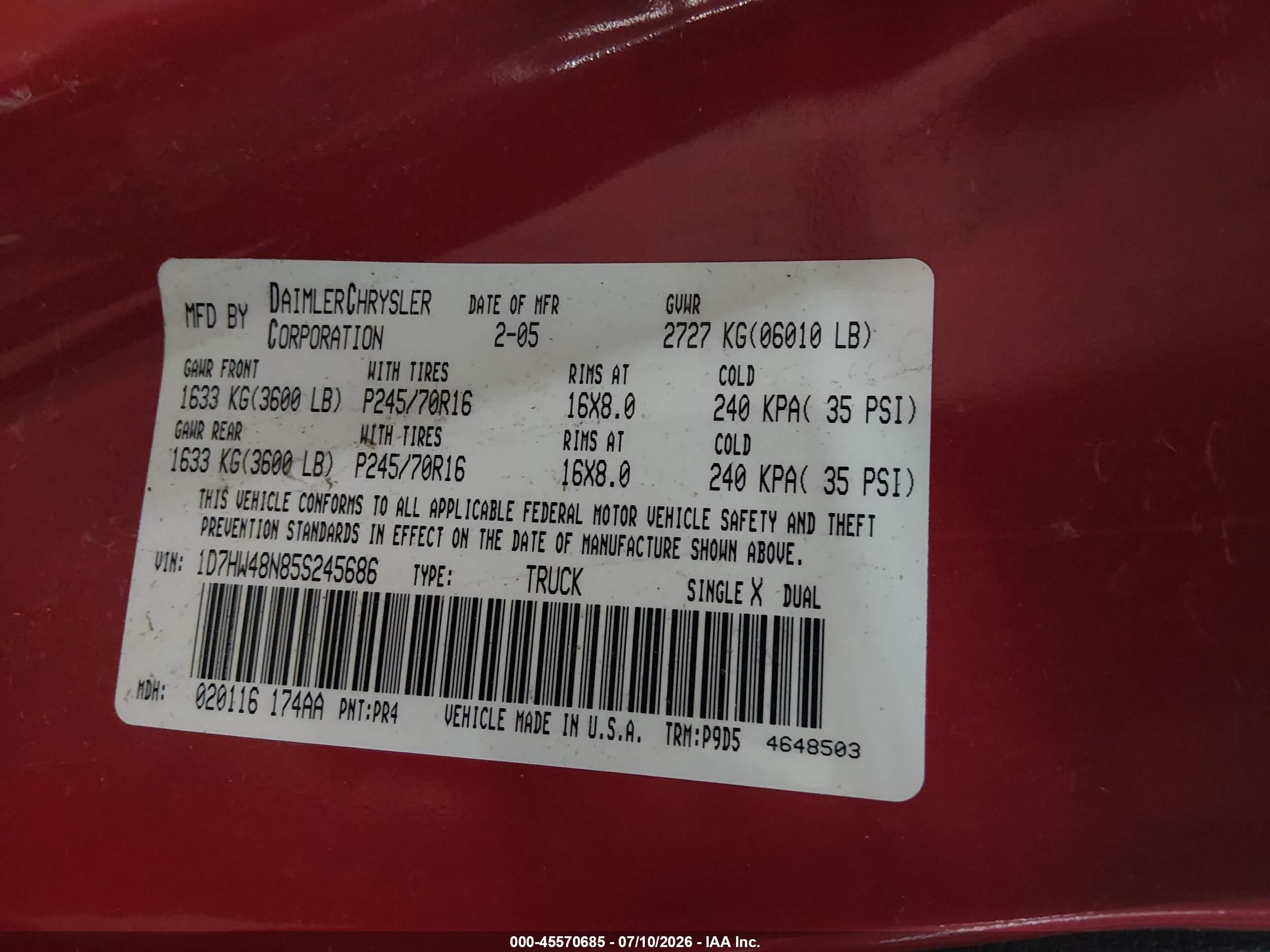 2005 Dodge Dakota Slt Red vin: 1D7HW48N85S245686