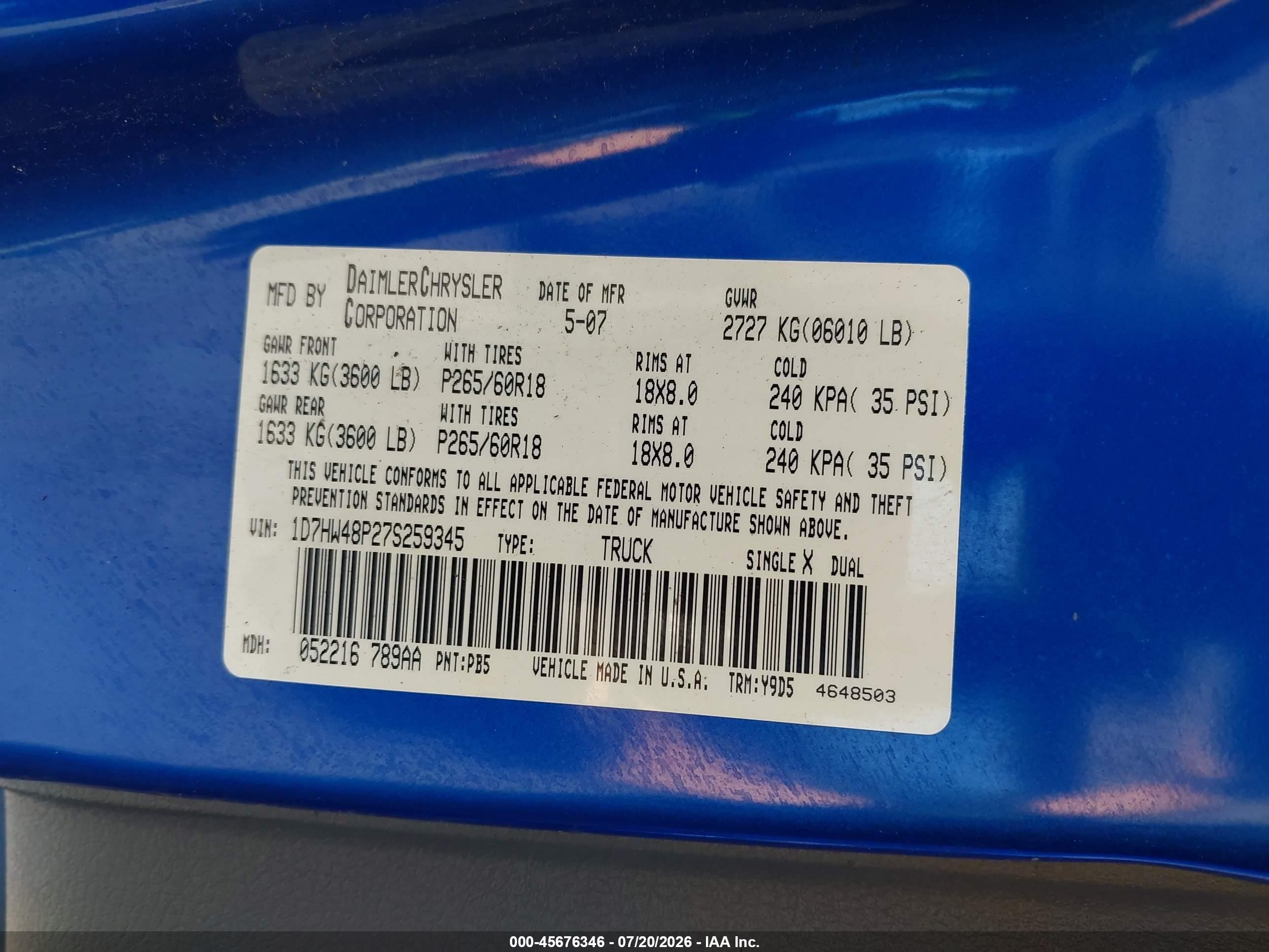 2007 Dodge Dakota Slt Blue vin: 1D7HW48P27S259345