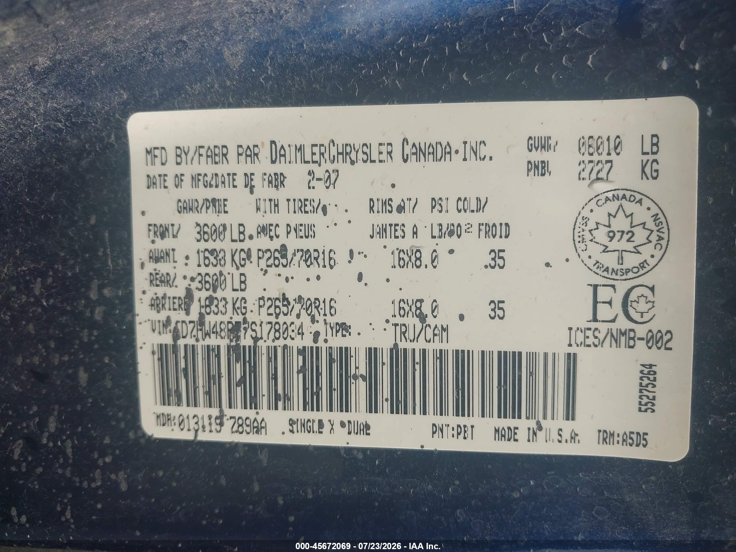 2007 Dodge Dakota Slt Dark Blue vin: 1D7HW48P77S178034