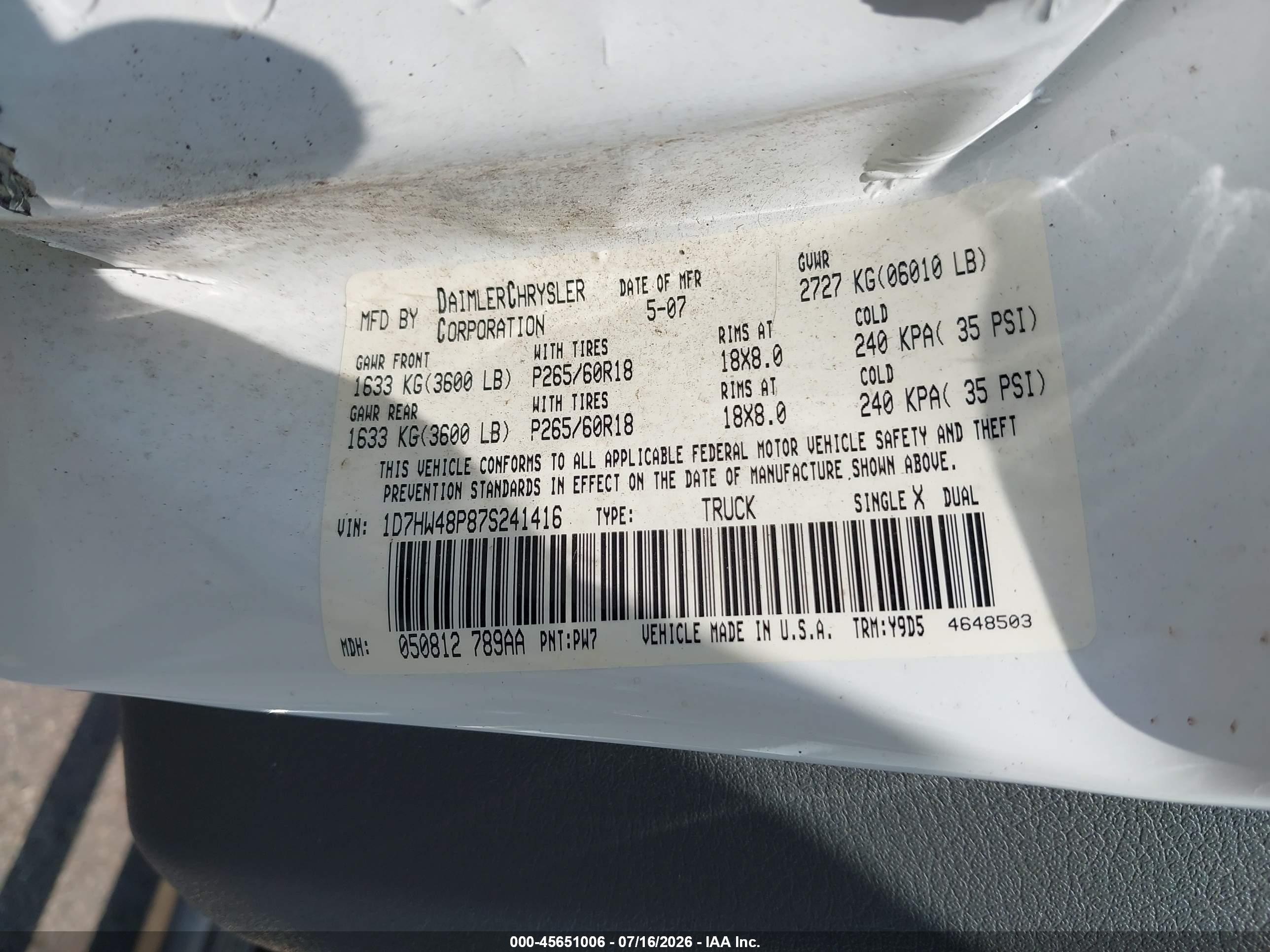 2007 Dodge Dakota Slt White vin: 1D7HW48P87S241416