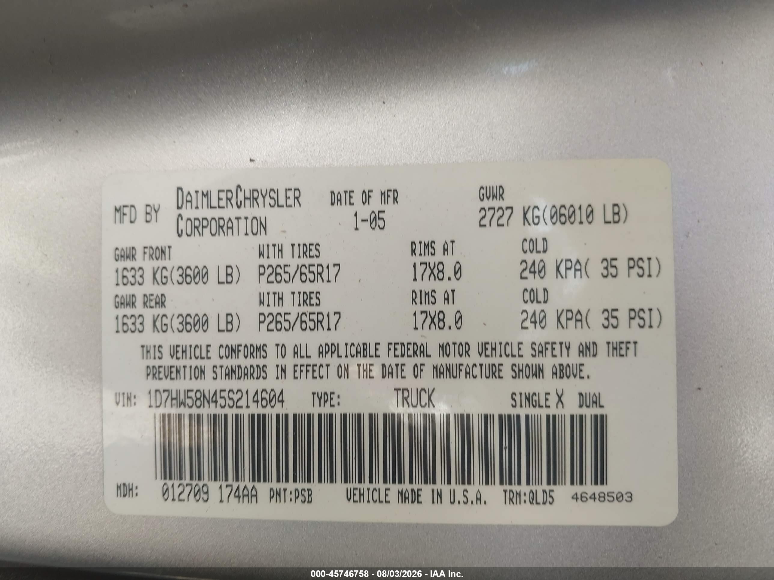 2005 Dodge Dakota Laramie Silver vin: 1D7HW58N45S214604