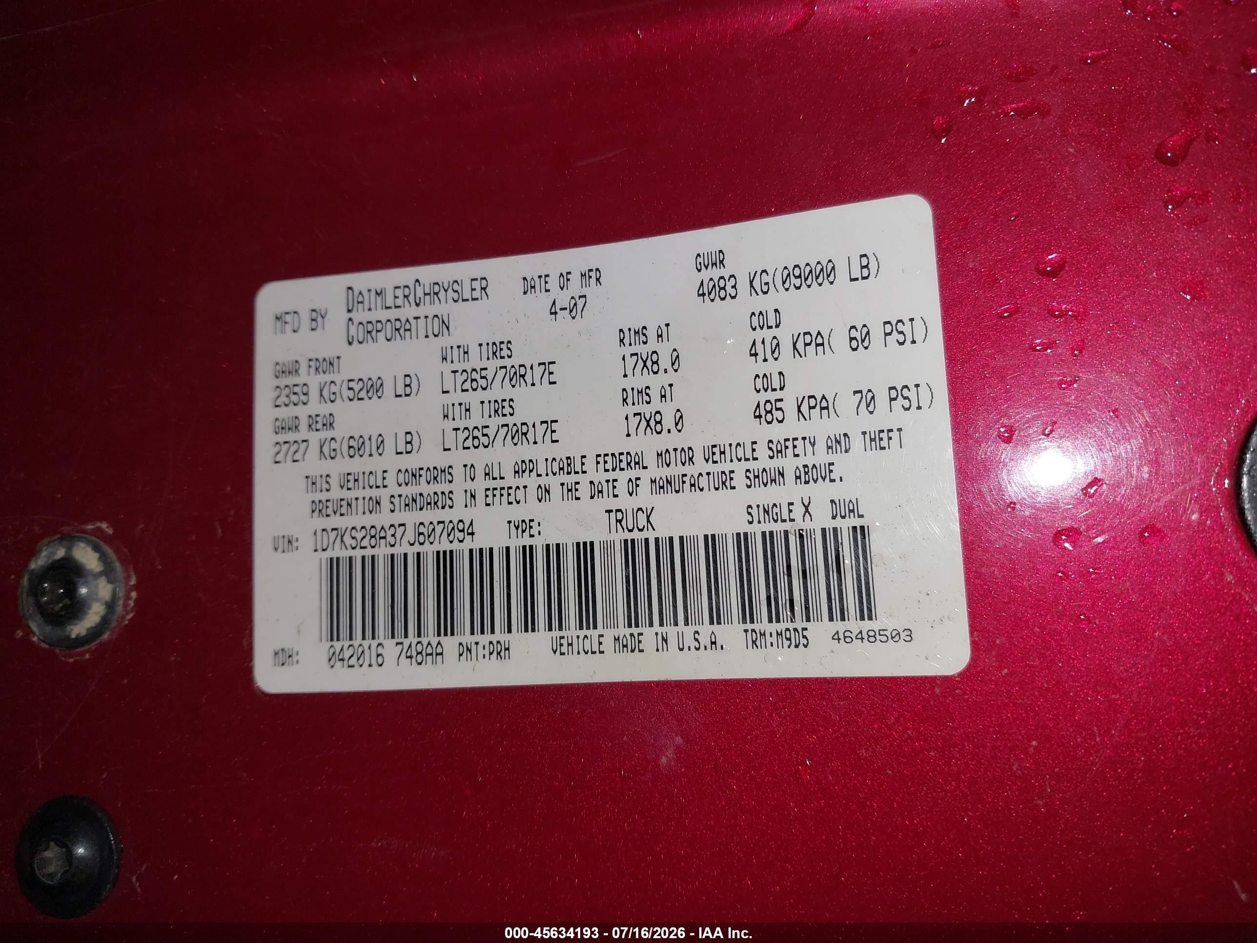 2007 Dodge Ram 2500 Slt/trx4 Off Road/sport/power Wagon Red vin: 1D7KS28A37J607094