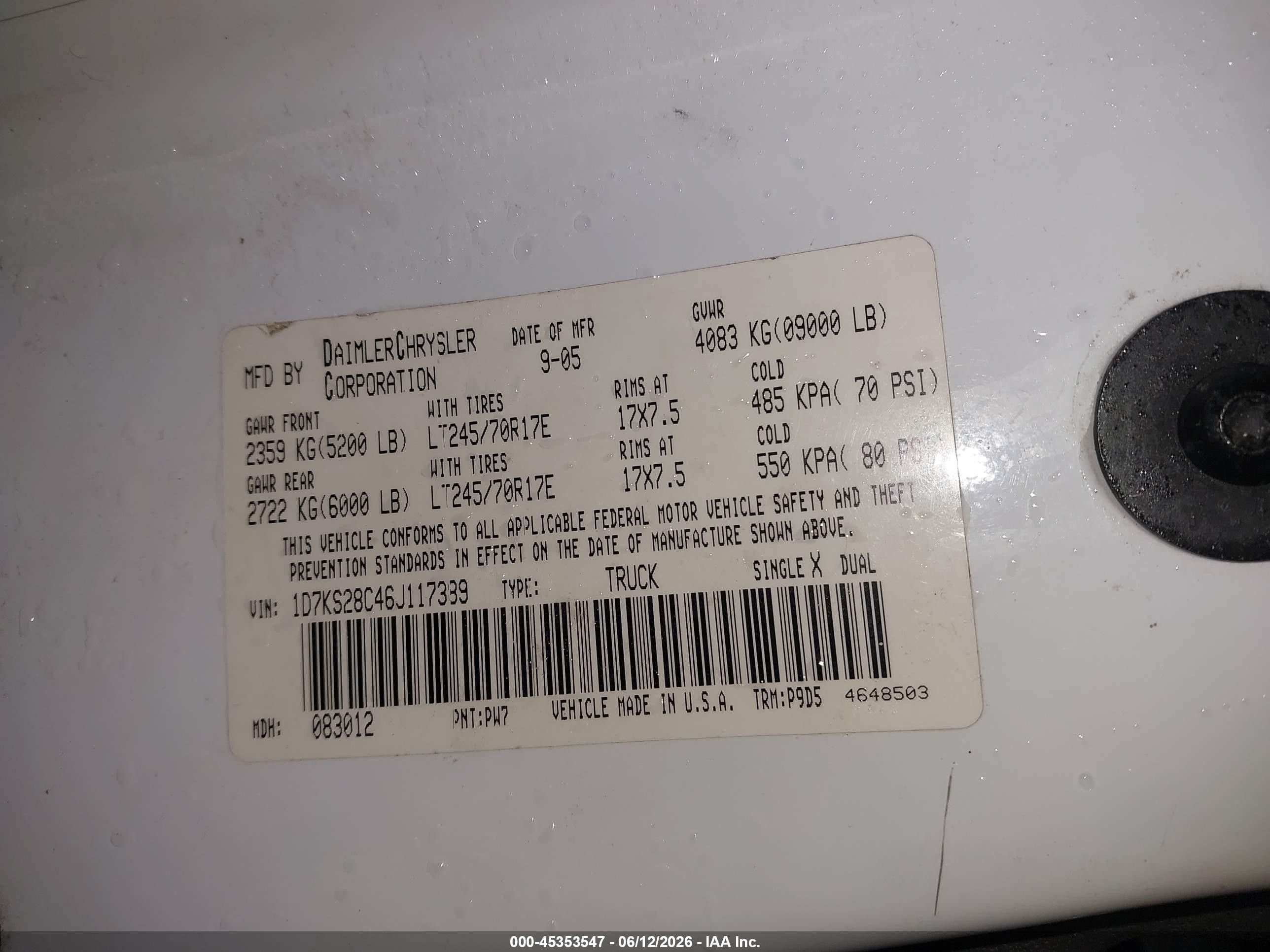 2006 Dodge Ram 2500 St White vin: 1D7KS28C46J117389
