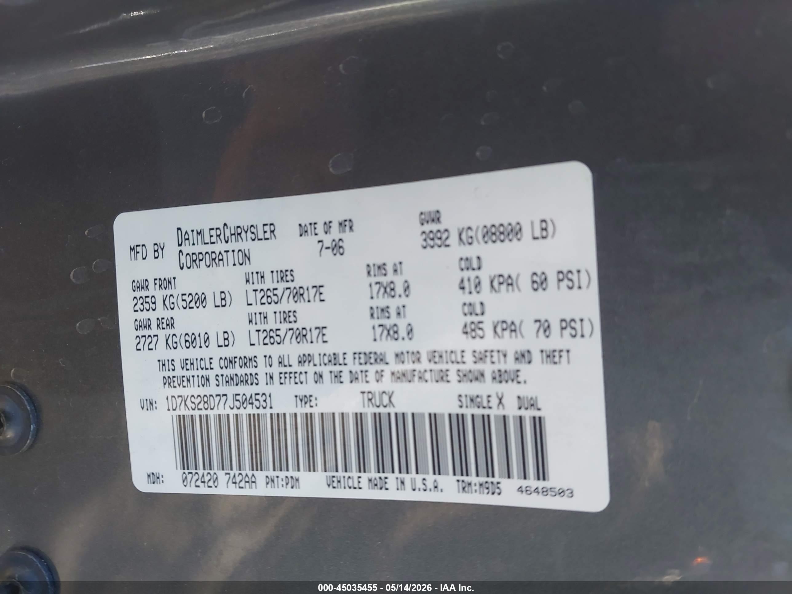 2007 Dodge Ram 2500 Slt/trx4 Off Road/sport/power Wagon Gray vin: 1D7KS28D77J504531