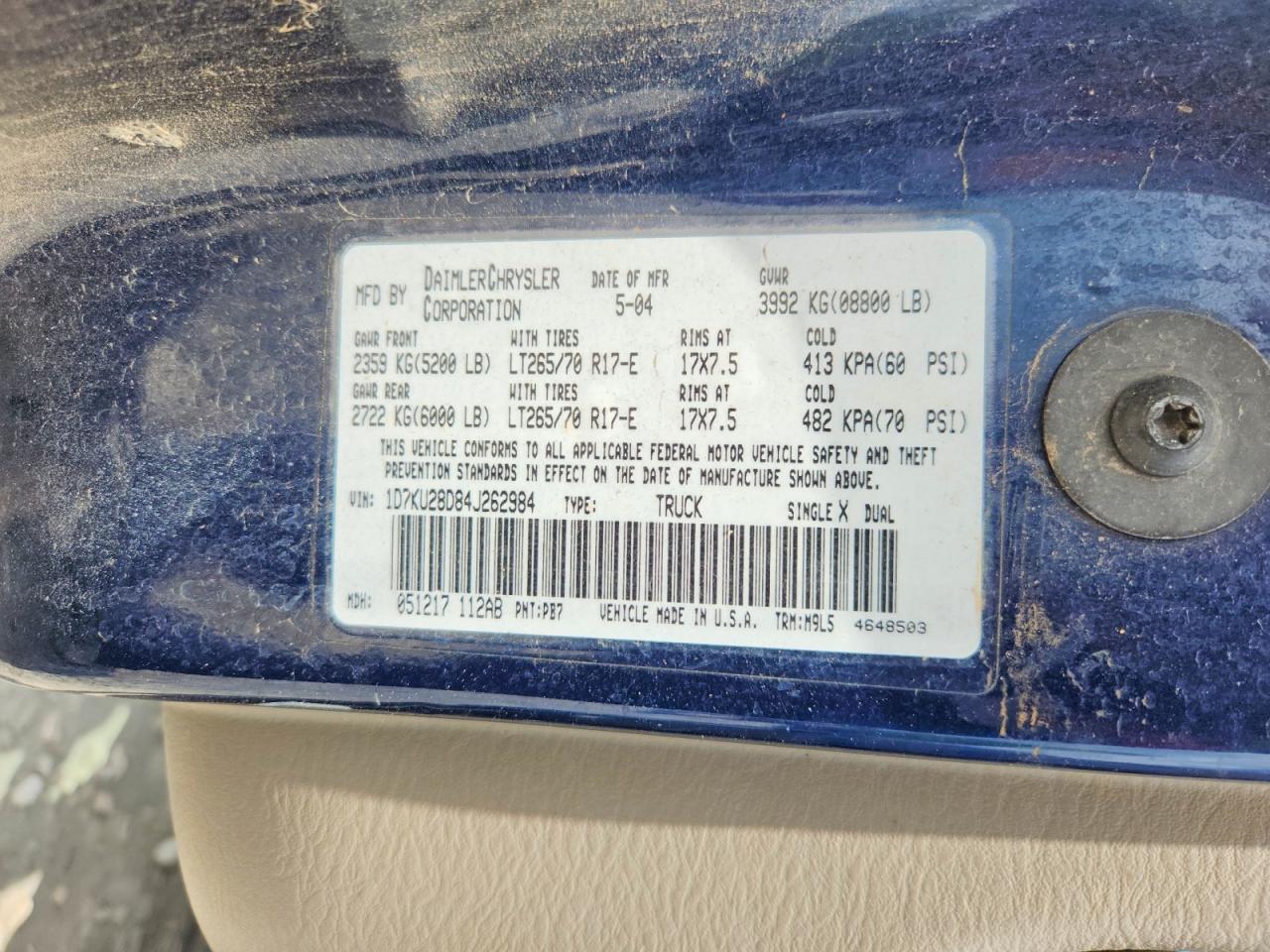 2004 Dodge Ram 2500 St Blue vin: 1D7KU28D84J262984