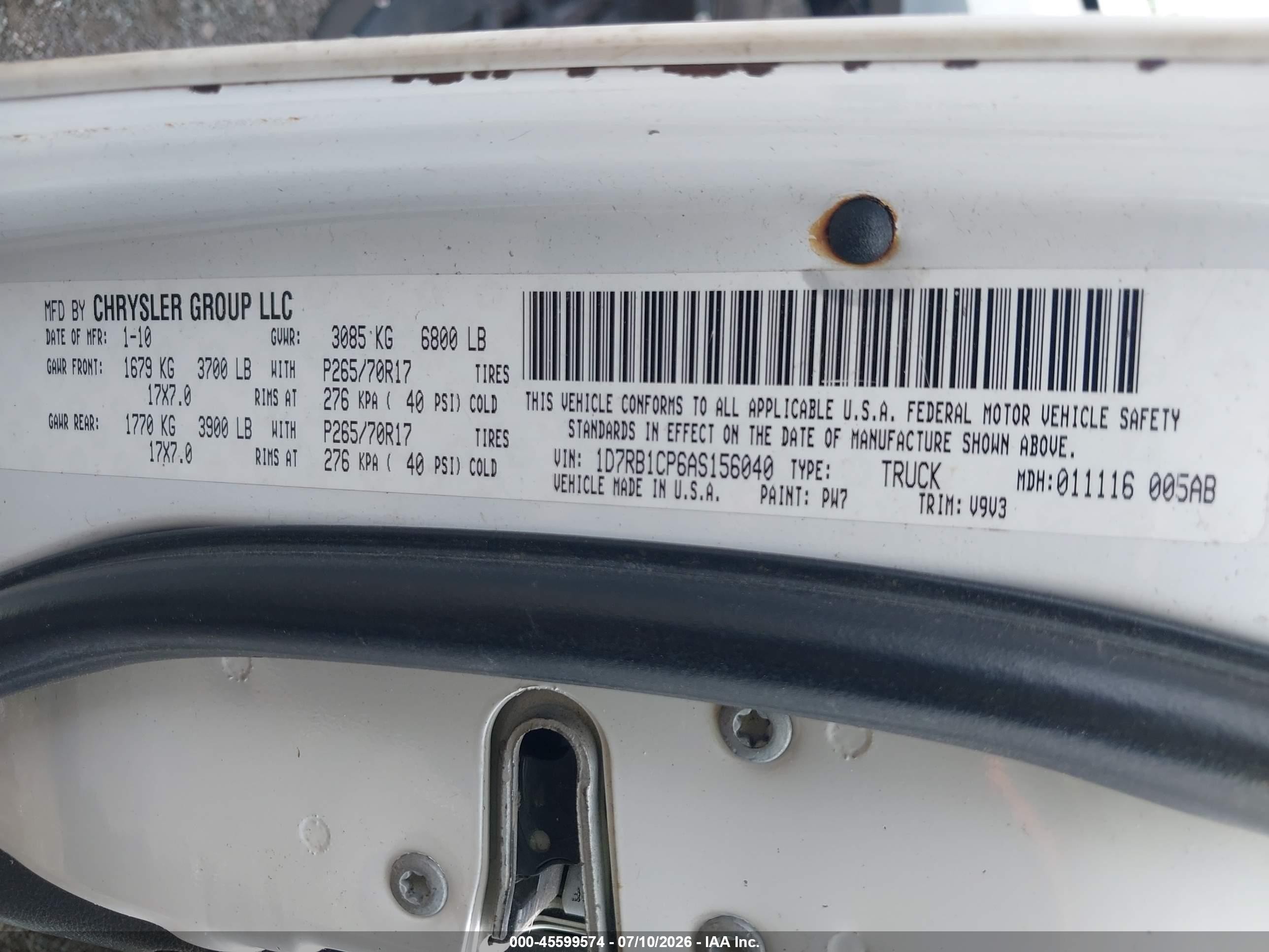 2010 Dodge Ram 1500 St White vin: 1D7RB1CP6AS156040
