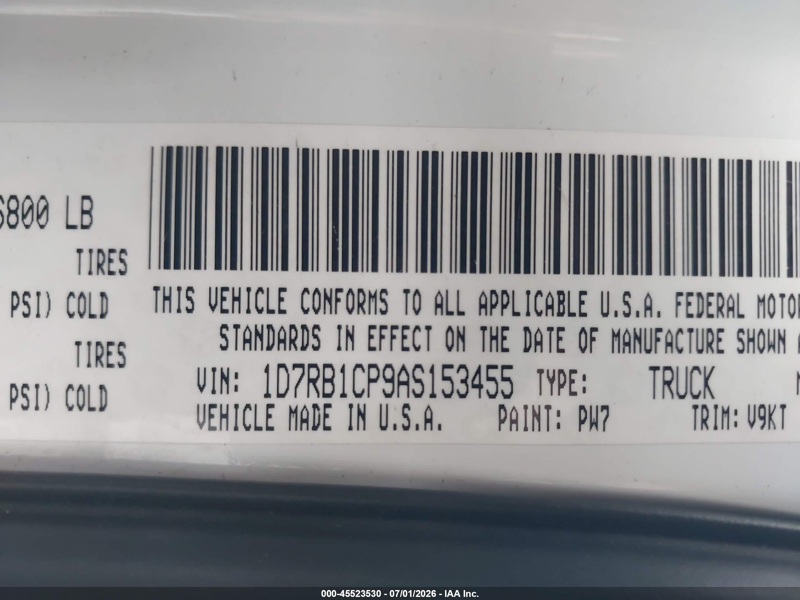 2010 Dodge Ram 1500 Slt/sport/trx White vin: 1D7RB1CP9AS153455