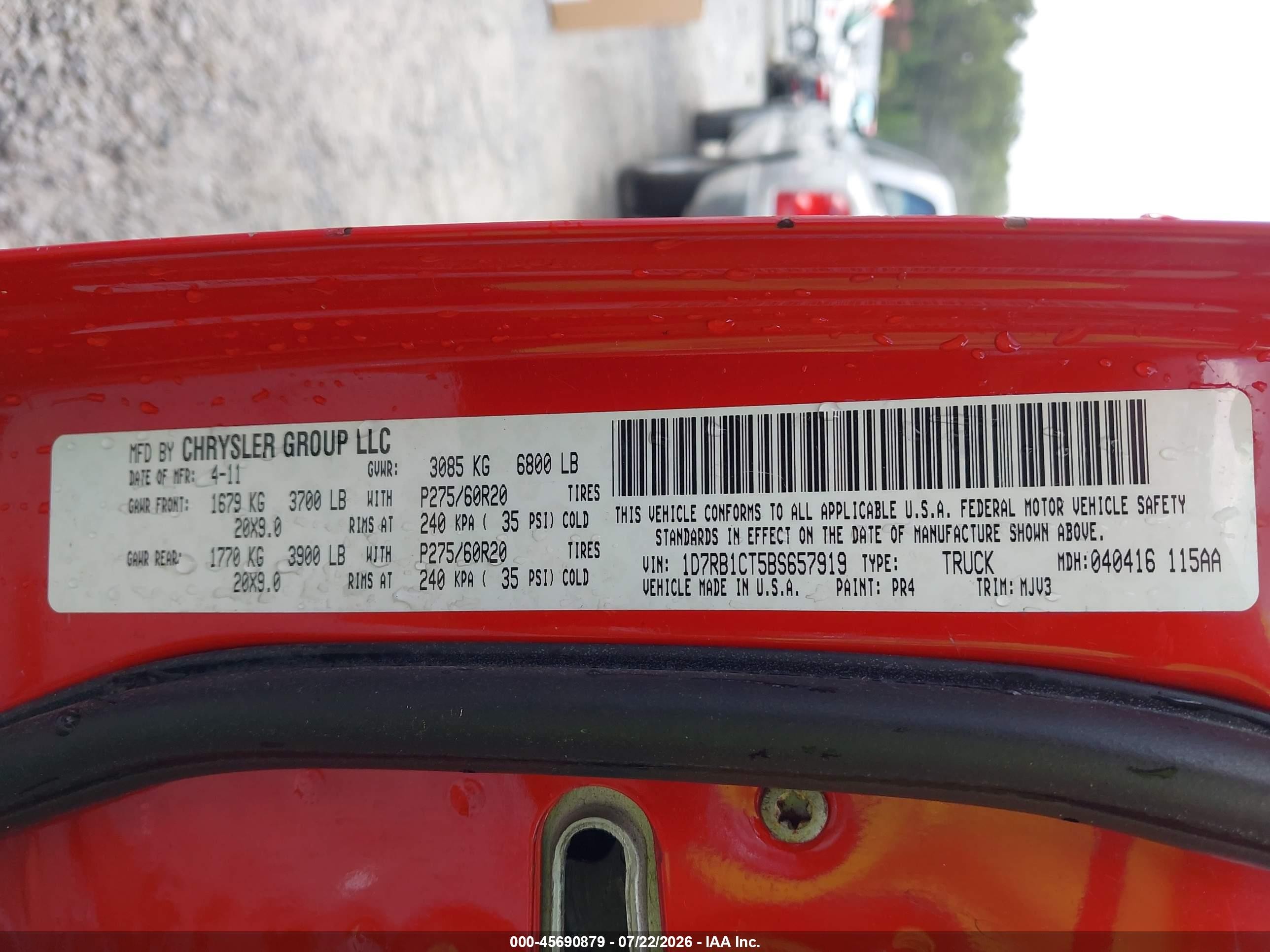 2011 Ram Ram 1500 Slt Red vin: 1D7RB1CT5BS657919