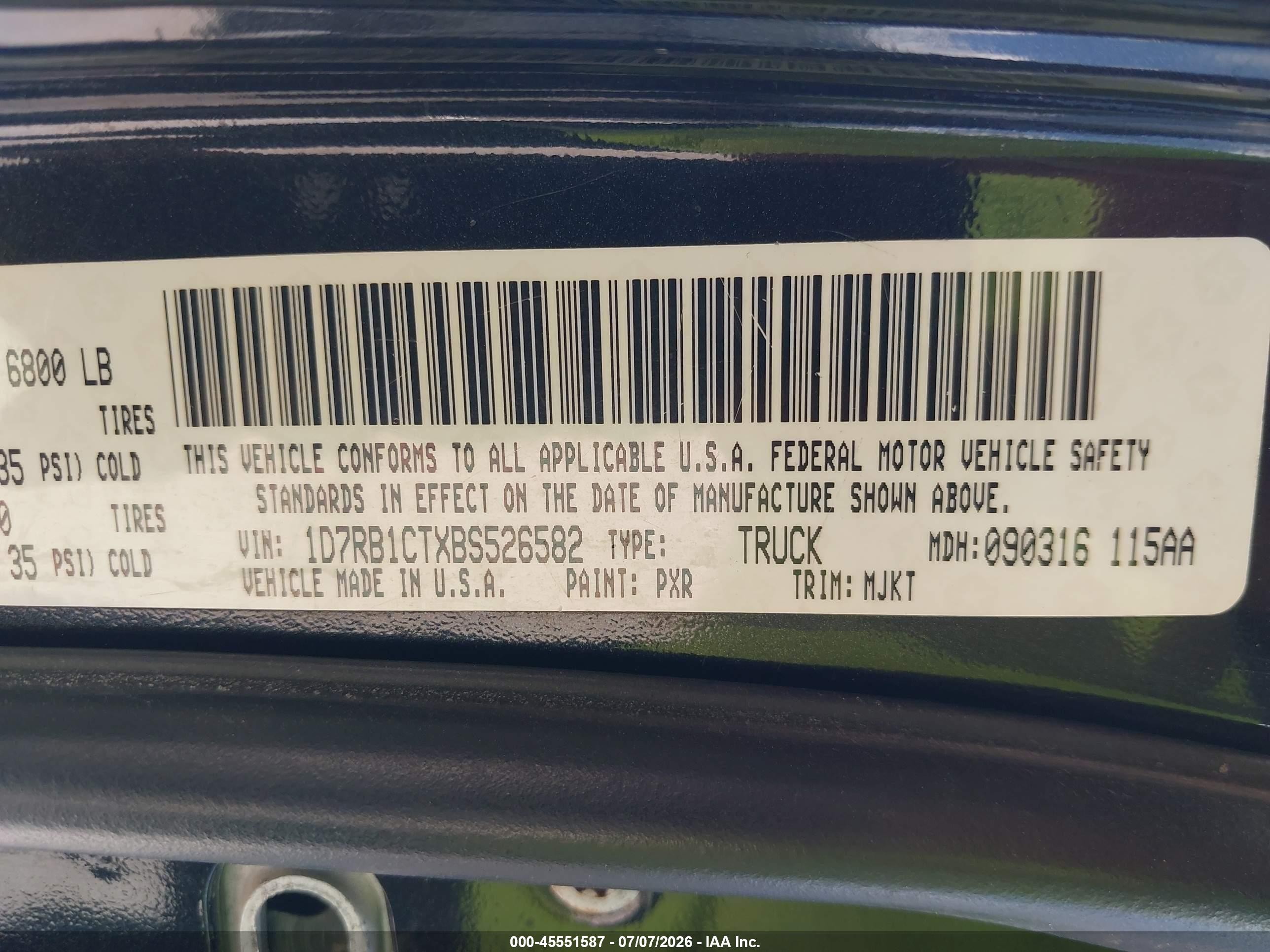 2011 Ram Ram 1500 Slt Black vin: 1D7RB1CTXBS526582