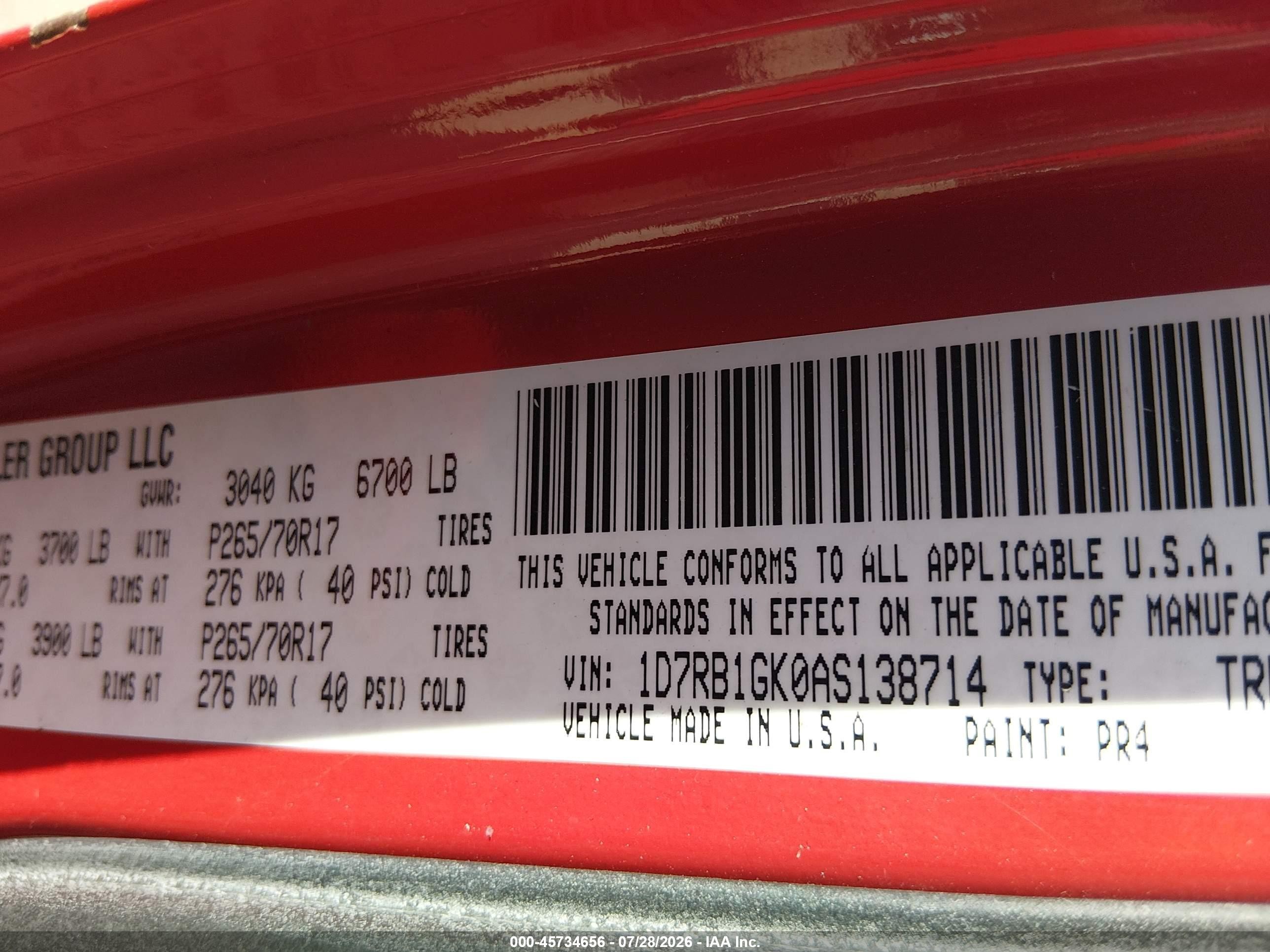 2010 Dodge Ram 1500 St Red vin: 1D7RB1GK0AS138714