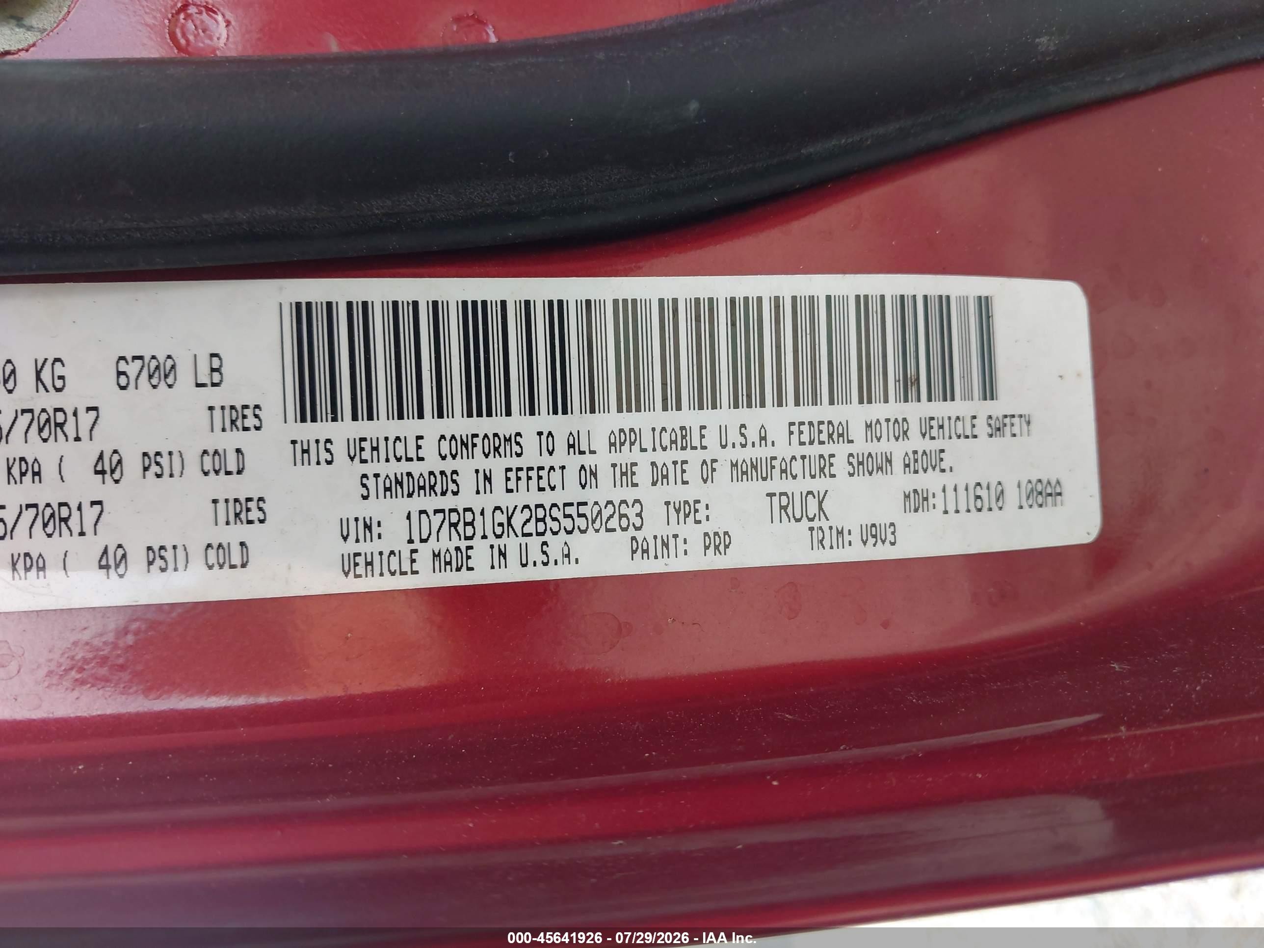 2011 Ram Ram 1500 St Burgundy vin: 1D7RB1GK2BS550263
