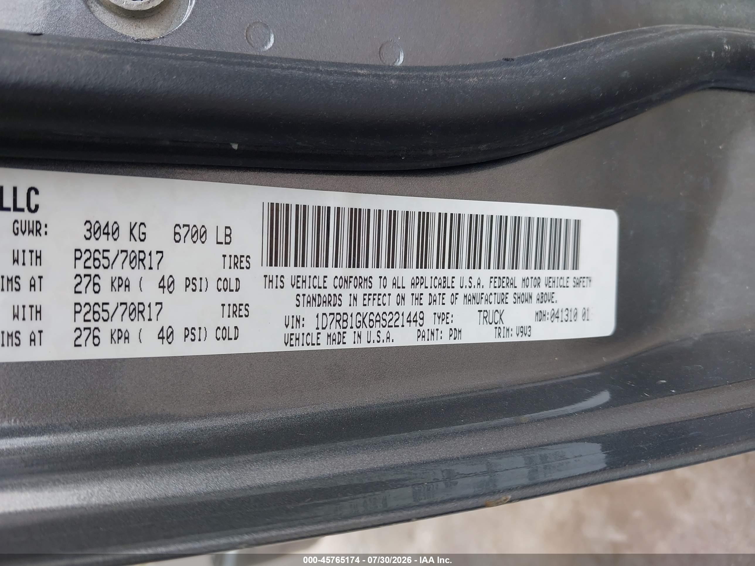 2010 Dodge Ram 1500 St Gray vin: 1D7RB1GK6AS221449