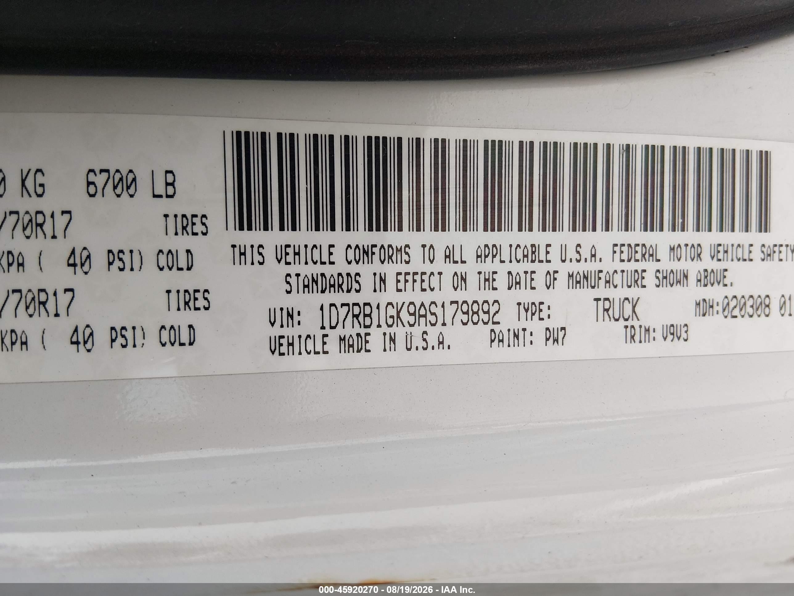 2010 Dodge Ram 1500 St White vin: 1D7RB1GK9AS179892