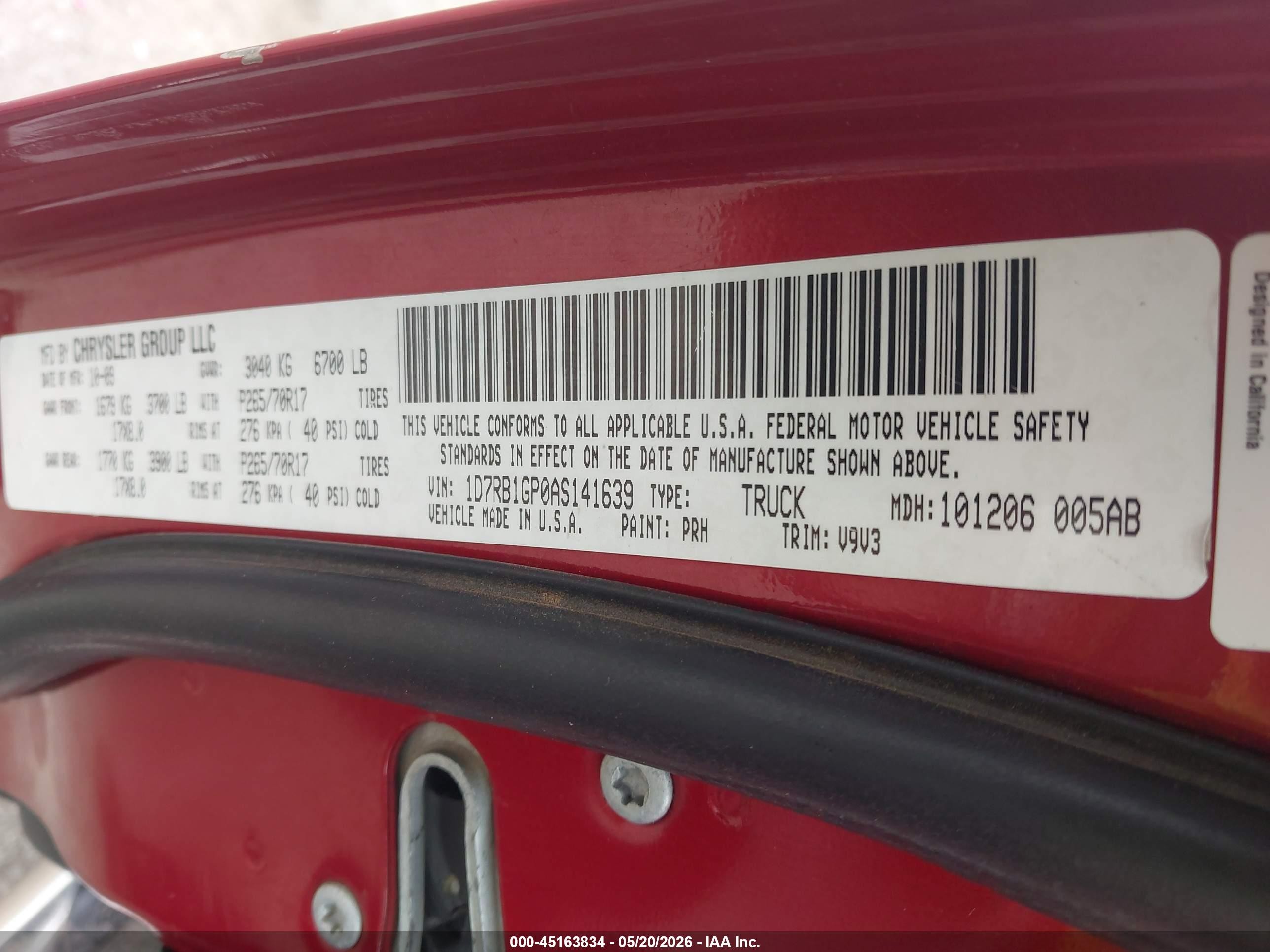 2010 Dodge Ram 1500 St Красный vin: 1D7RB1GP0AS141639