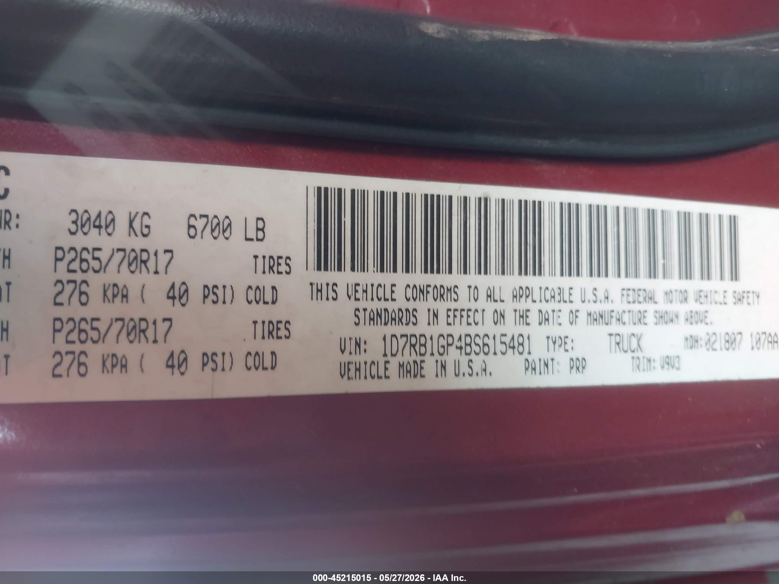 2011 Ram Ram 1500 St Burgundy vin: 1D7RB1GP4BS615481